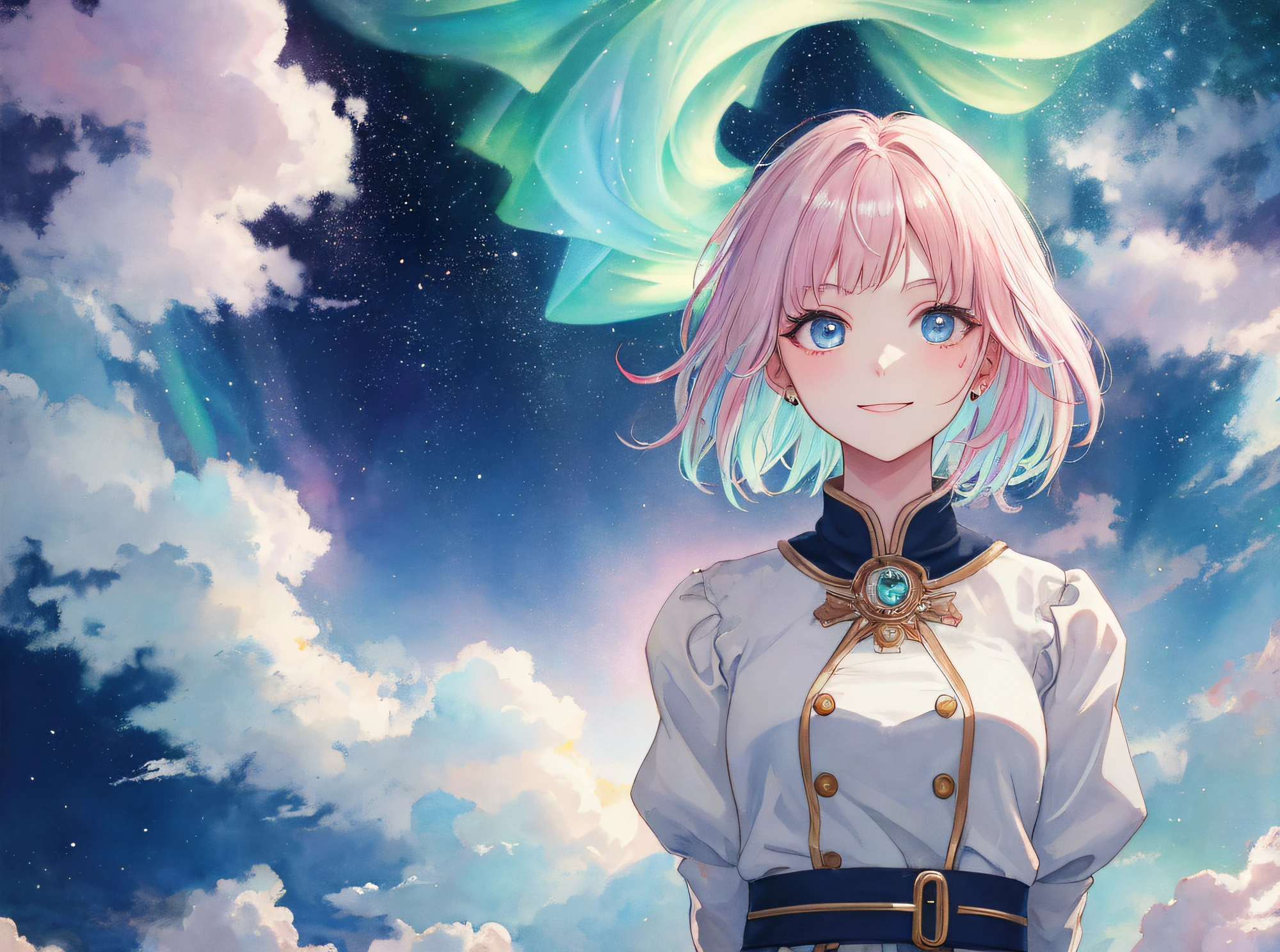 hyper detailed illustration ,superfine illustration, ((((​masterpiece)))), High quality, very_high_resolution, Large_filesize, fulcolor ,Very cute and beautiful girl,Very cute and beautiful anime face and eyes, Very delicate eyes,eye shadow,Female, 年轻,20 years old, Short hair, Solo, 1 girl, pale skin ,head to waist, multicolored hair(white colors　pinkcolor),Natural smile, small tits、Onepiece, arms behind back, watercolor paiting、Beautiful background,Fantastic background、Aurora、Mare