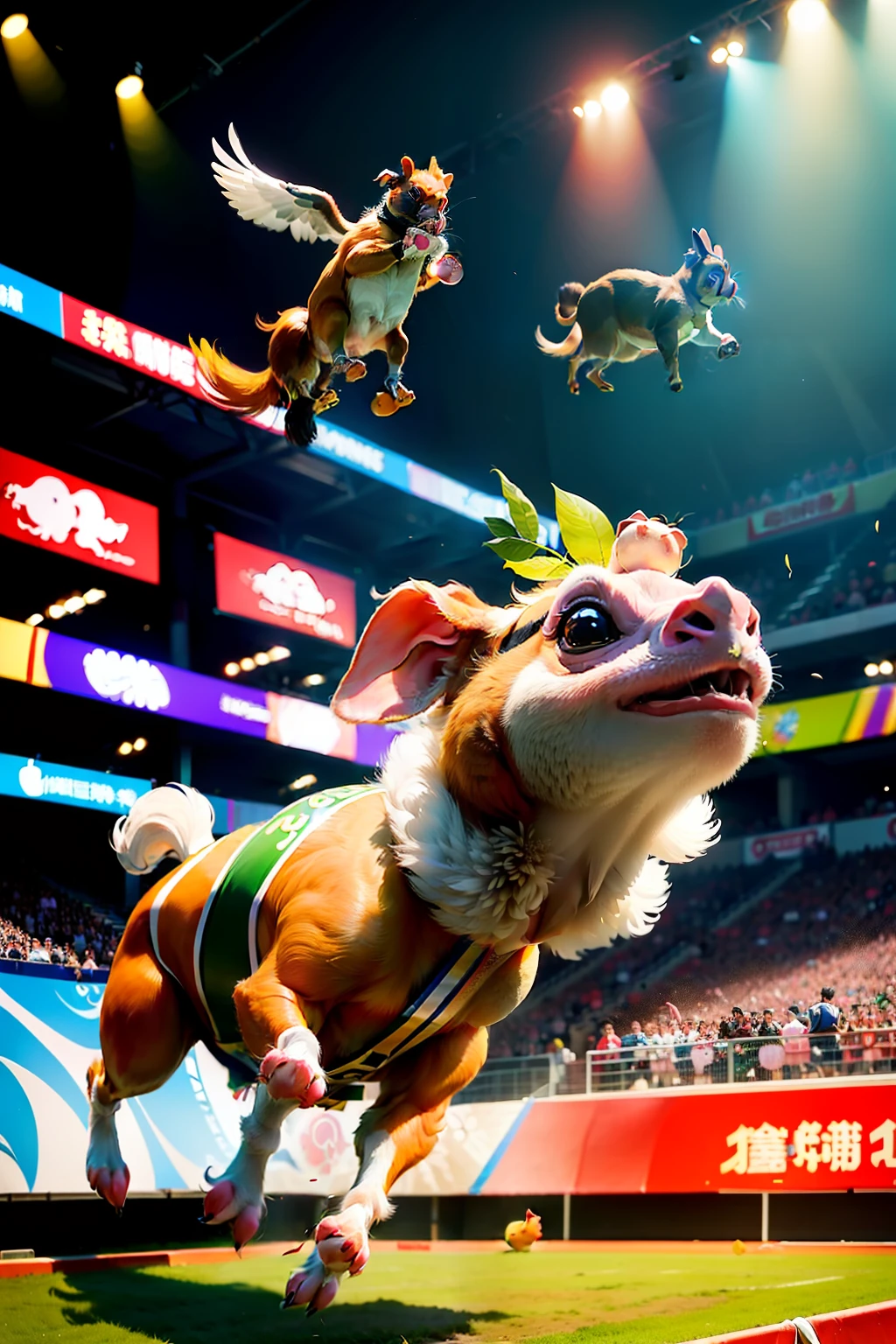 Chengdu Universiade，(Small animal games，Games，Animal Games，Chicken flying dog jumping，Tortoise and rabbit race，monkey，taur，pigs，duck，gooses，parrots)，Cheer for the critters，Various small animal competitions，There are plenty of critters to cheer in the arena，，cheer，Wonderful moments，Wonderful sports day
