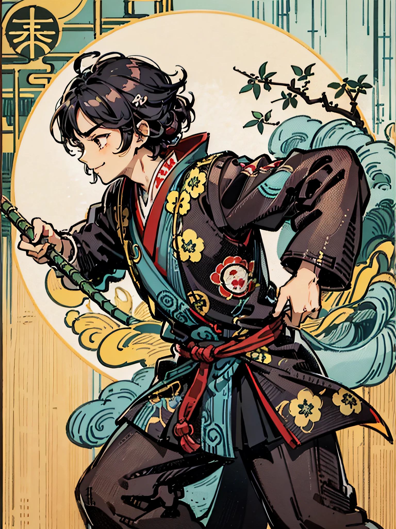 Propose a very attractive design、1boys、10-year-old boy、Boy with short hair、fighting poses、There is a sense of dynamism、Standing Pose、Depicts the whole body of a boy、Depicted to the toes、Katsushika Hokusai-kaze、Natural color design、Bold and beautiful plant design、Bamboo motifs、Long stretched bamboo design、japanic style、Detailed diagram of the pattern、With the highest quality、​masterpiece、hight resolution、ukiyoe style、Artistic style、Postcard Design、Balanced design、Attractive composition、Emotional Art、Ukiyo-e style、japanese aesthetic、4K resolution、Gorgeous background art、Attributes of boys（Bright smile、Very smile、active、Comfortable clothing、male people、Lively、Ninja、Martial artist、Little Boy、Cheerful boy、Bullish personality、Dignified、Beautiful Boys、A dark-haired、short-hair、Rough hair、Untied hair、Natural hairstyle、Good impression）