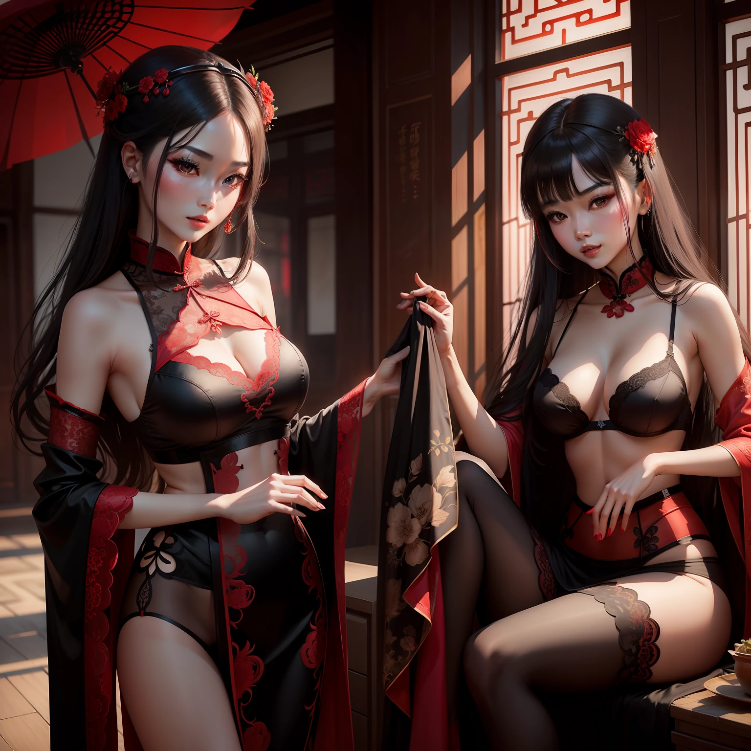 Red lace cheongsam，Beautuful Women，Temperament girl，Classical Chinese beauty，A long-legged beauty，blackstockings，Full body photo，Seductive expressions，Translucent cheongsam，Black bra，Black panty