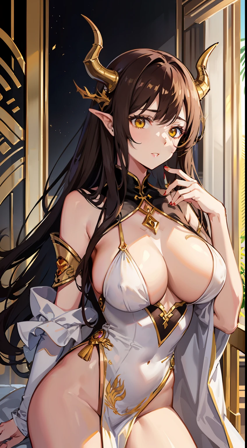 Tall girl, Long brown hair, dragon horns, Yellow eyes, white chinese dress, Gold inserts, open thighs, neckline on the chest, open naked tits, teats, Masterpiece, hiquality