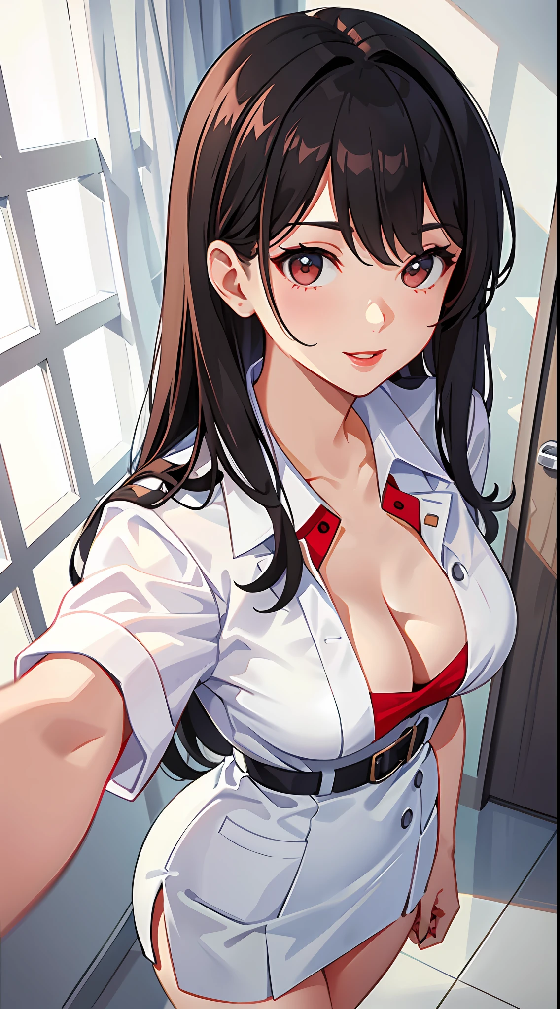 one-girl,nurses,Nurse's uniform,Professional Dress,White uniform,hospitals,Human body curves,Raised sexy,is shy,Top-down view,cleavage,little breast,Front view,brunette color hair,long whitr hair,Red lips,ssmile,Close-up,HighestQuali,Artistically,4K