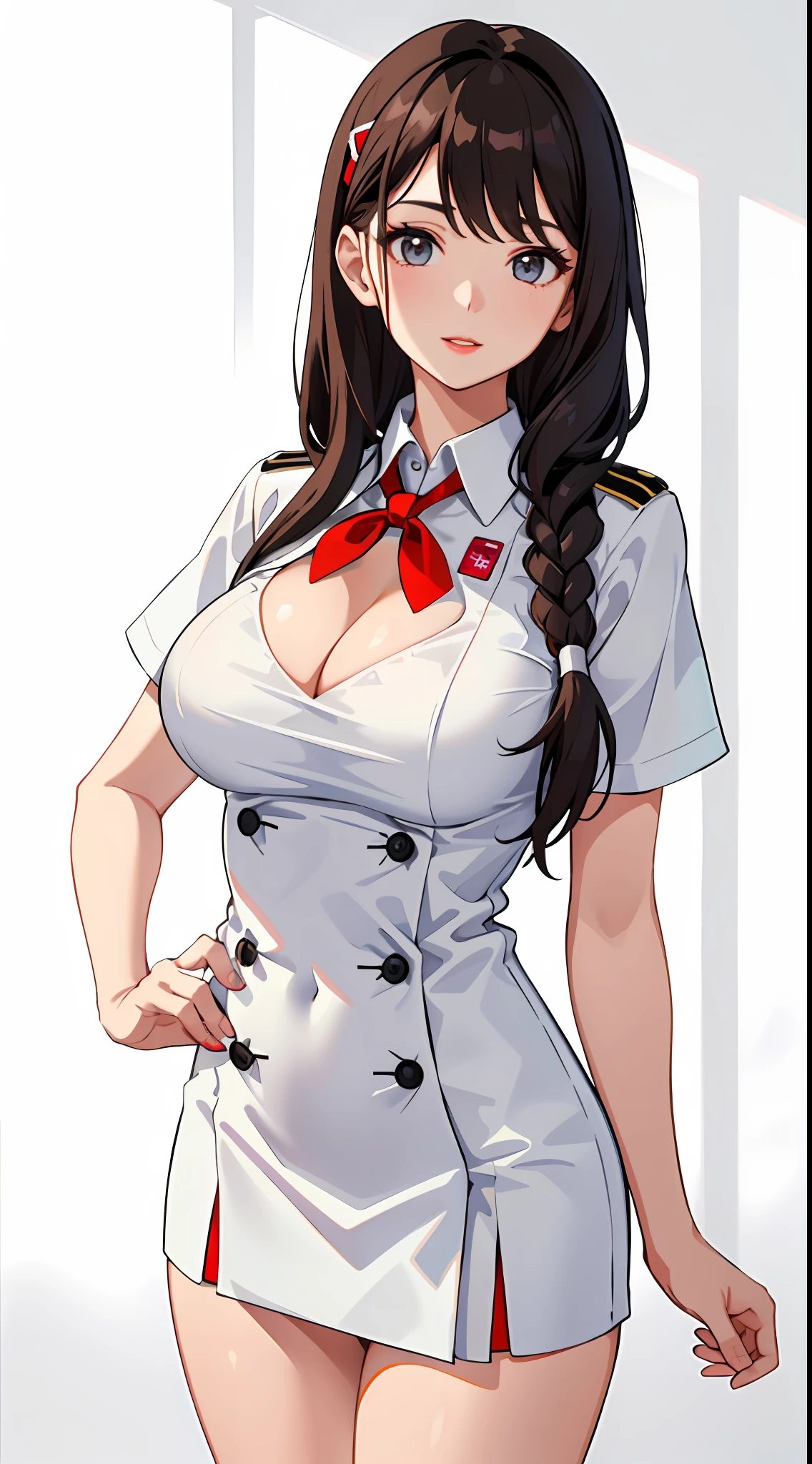 one-girl,nurses,Nurse's uniform,Professional Dress,White uniform,hospitals,Human body curves,Raised sexy,is shy,Top-down view,cleavage,little breast,Front view,brunette color hair,long whitr hair,Red lips,ssmile,Close-up,HighestQuali,Artistically,4K