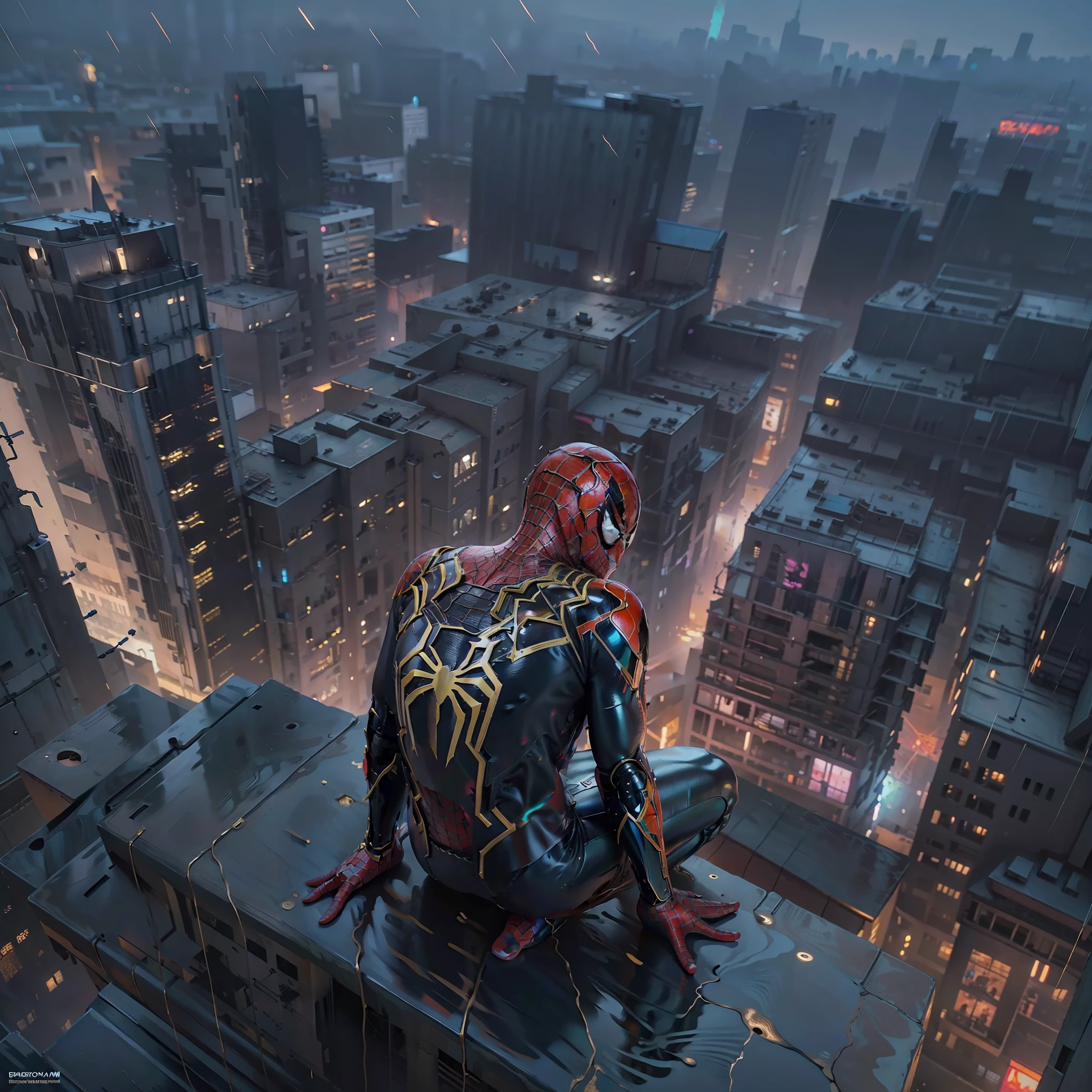 Ultra-high-resolution, ultra-detail, 8k, realistic, cinematic, realistic lighting, gloss, metallic shine, (spider-man),(boy), mask, (ultra-detailed armor), city evening modern street,Solo,View from the top,Sitting on a tall building, it's raining, the clothes are wet, the effect is wet,