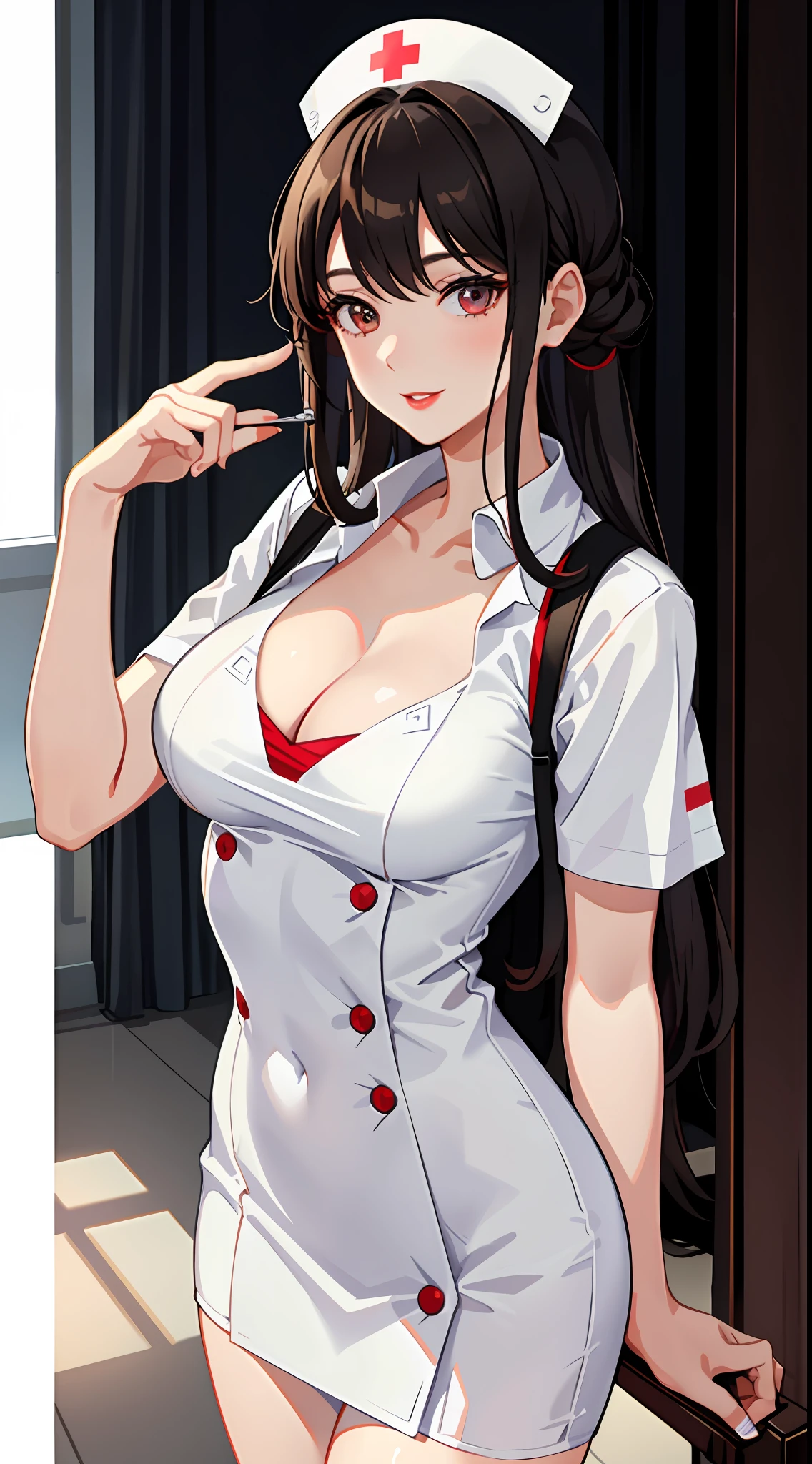 one-girl，nurses，Nurse's uniform，Professional Dress，White uniform，hospitals，Human body curves，Raised sexy，is shy，Top-down view，cleavage，little breast，Front view，brunette color hair，long whitr hair，Red lips，ssmile，Close-up，HighestQuali，Artistically，4K