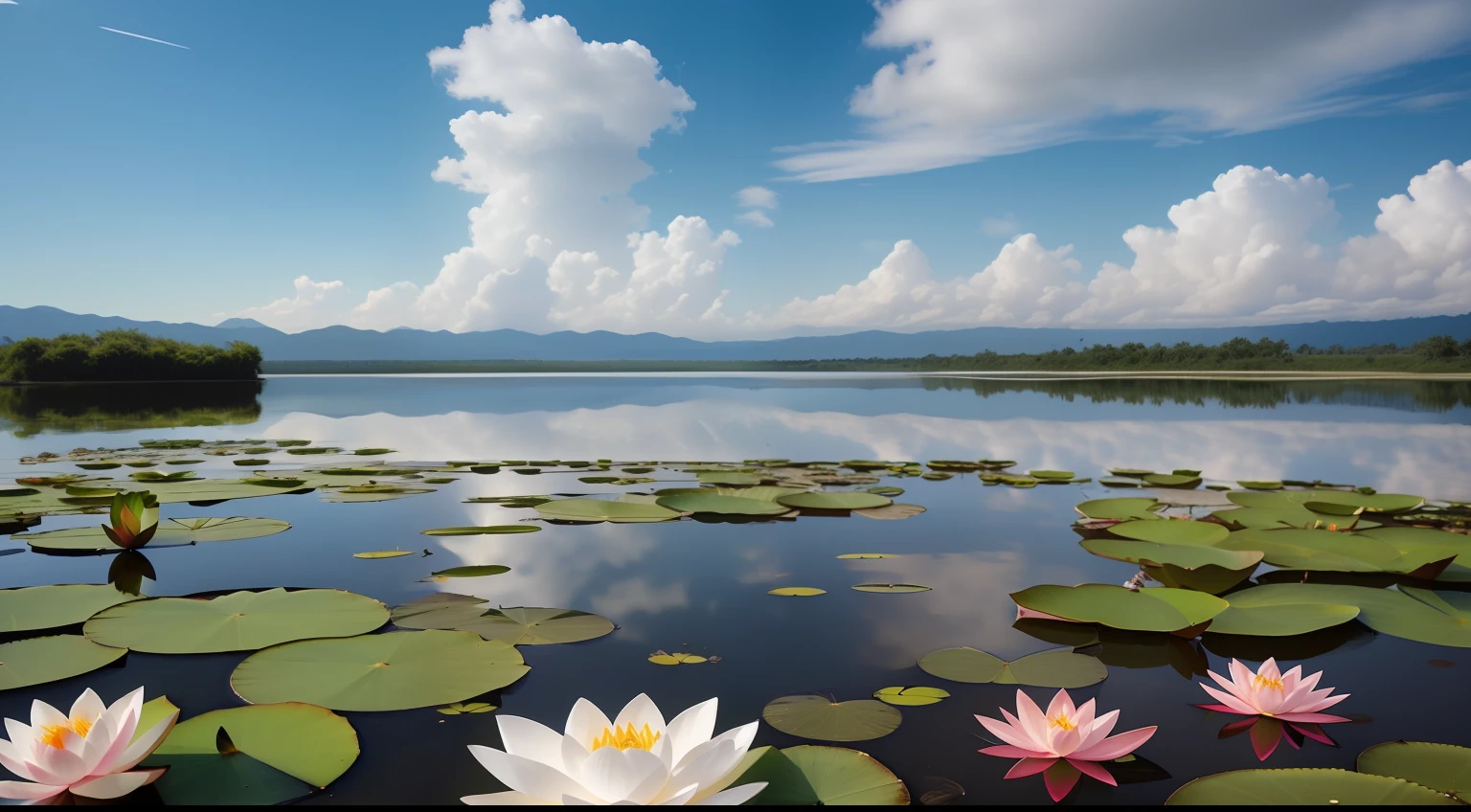 There are many water chestnuts floating on the surface of the lake, lotus flowers on the water, Lotus pond, alpine pond with water lilies, beautiful serene landscape, lotuses, water lilies, waterlily pond, peaceful scenery, water lily mat, with lotus flowers, the lilies. 8 k'', beautiful lake background, peaceful landscape, Lotus,Lots of lotus flowers are beautiful,There are no mountains in the distance