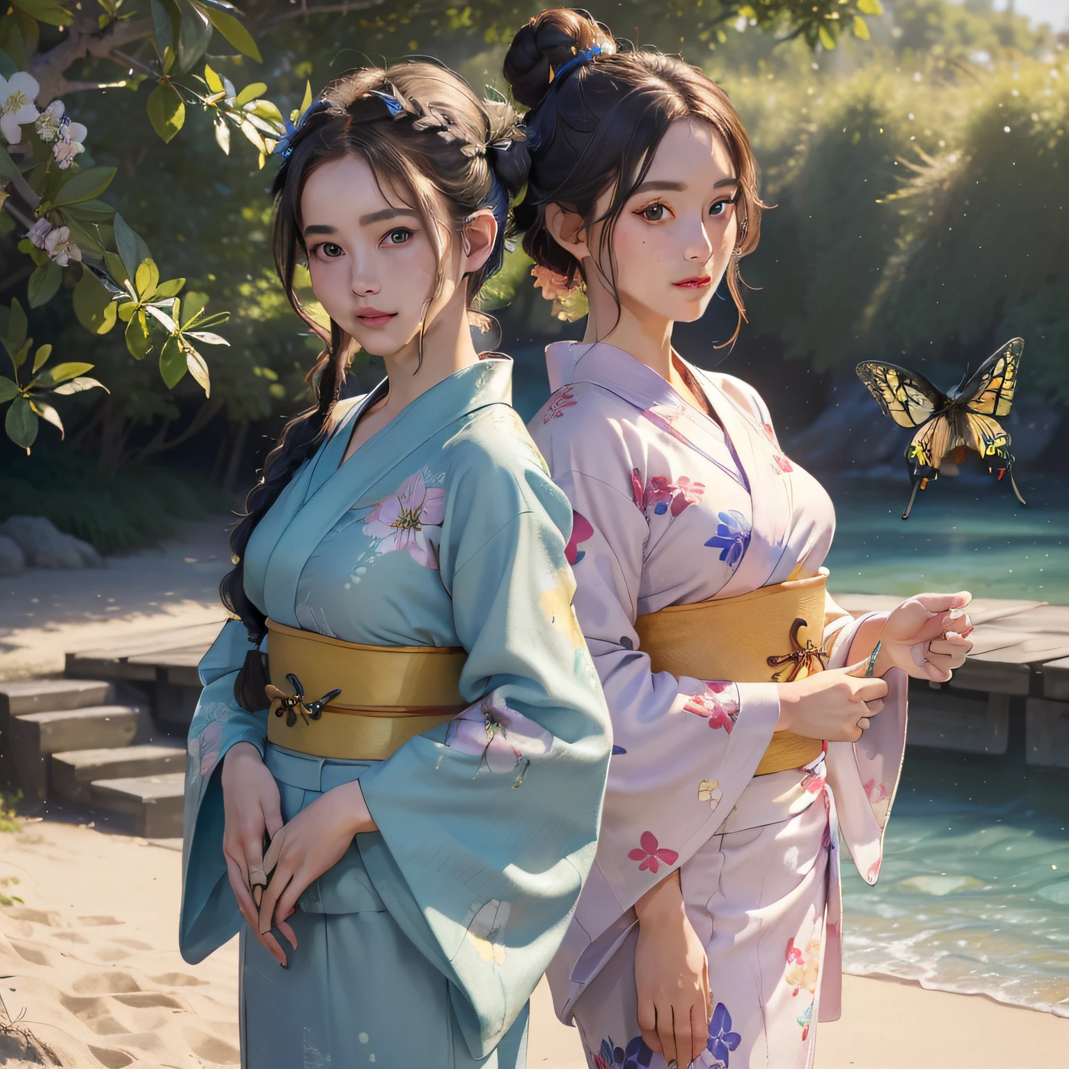 2girls, ((masterpiece、top-quality、ultra-definition、hight resolution))、4K picture quality、((Beautuful Women))、22year old、wetted skin、radiant eyes、perfect eyes、(Beautiful Nordic sisters)、the beach,Background crowd、((Curly hair in braids、Bun1))、((facial close-up))、(((Wearing a bell sleeve yukata)))、((Yukata patterns range from fancy floral patterns to swallowtail butterflies..))、((Use primary colors for yukata colors))、masterpiece、top-quality、ultra-definition、hight resolution))、4K picture quality、