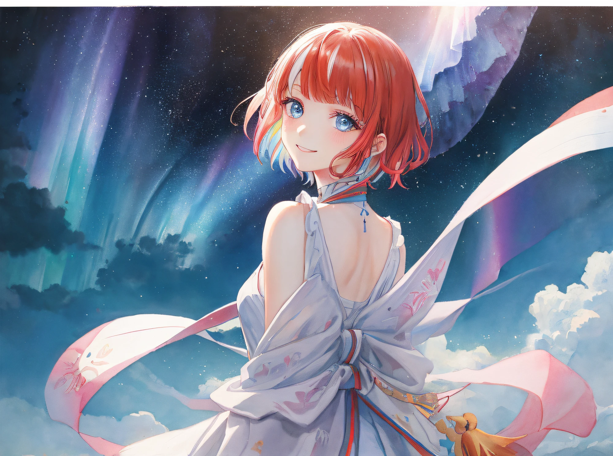 hyper detailed illustration ,superfine illustration, ((((masterpiece)))), High quality, very_high_resolution, Large_filesize, fulcolor ,Very cute and beautiful girl,Very cute and beautiful anime face and eyes, Very delicate eyes,eye shadow,Female, 年轻,20 years old, Short hair, Solo, 1 girl, pale skin ,head to waist, multicolored hair(white colors pinkcolor),Natural smile, small tits、Onepiece, arms behind back, watercolor paiting、Beautiful background,Fantastic background、Aurora、Mare