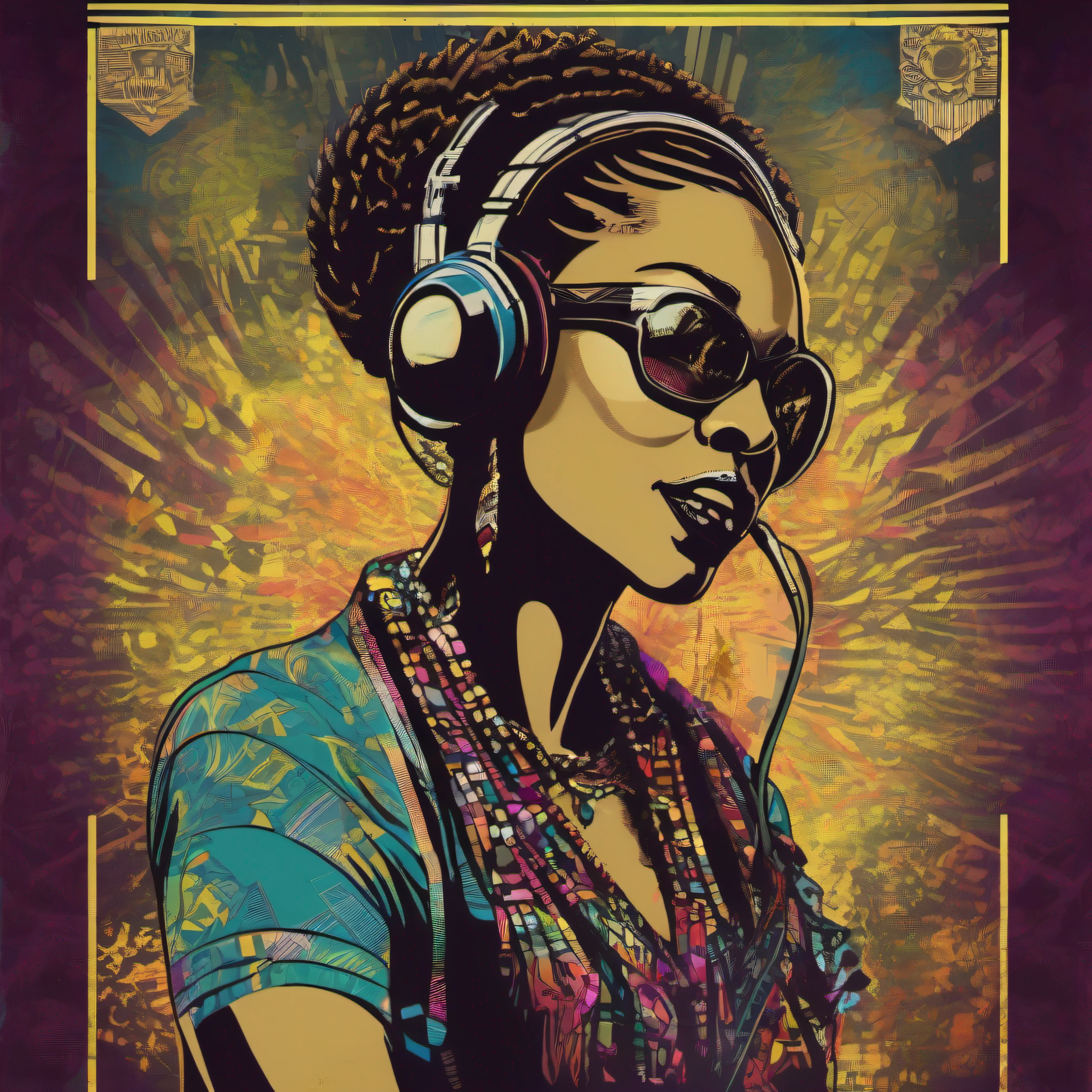 ((authentic graphic tshirt desgin)), Epic Logo of a punk Rave 1920s African woman, isolated, smiling actively listening to music , headphones , intense vibrant rim lighting, color pallet limited to 6 CMYK colors only, no shading, artistic composition, black background, poster art by Toros Roslin, featured on deviantart, kitsch movement, music poster, poster art, vintage woodblock print, heavy grunge overlay