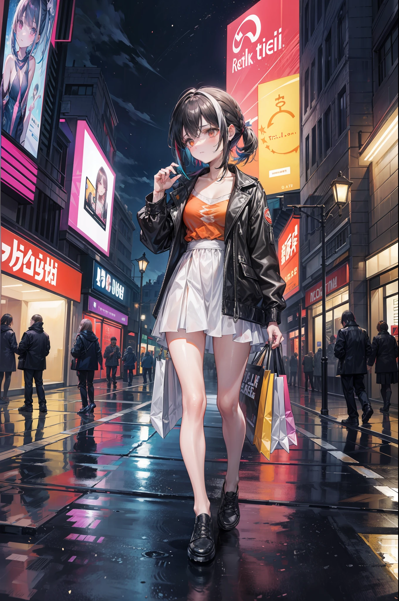 Su estilo. Mujer joven llora. triste. It's night and she's standing walking down a shopping street with big screens and multicolored lights..