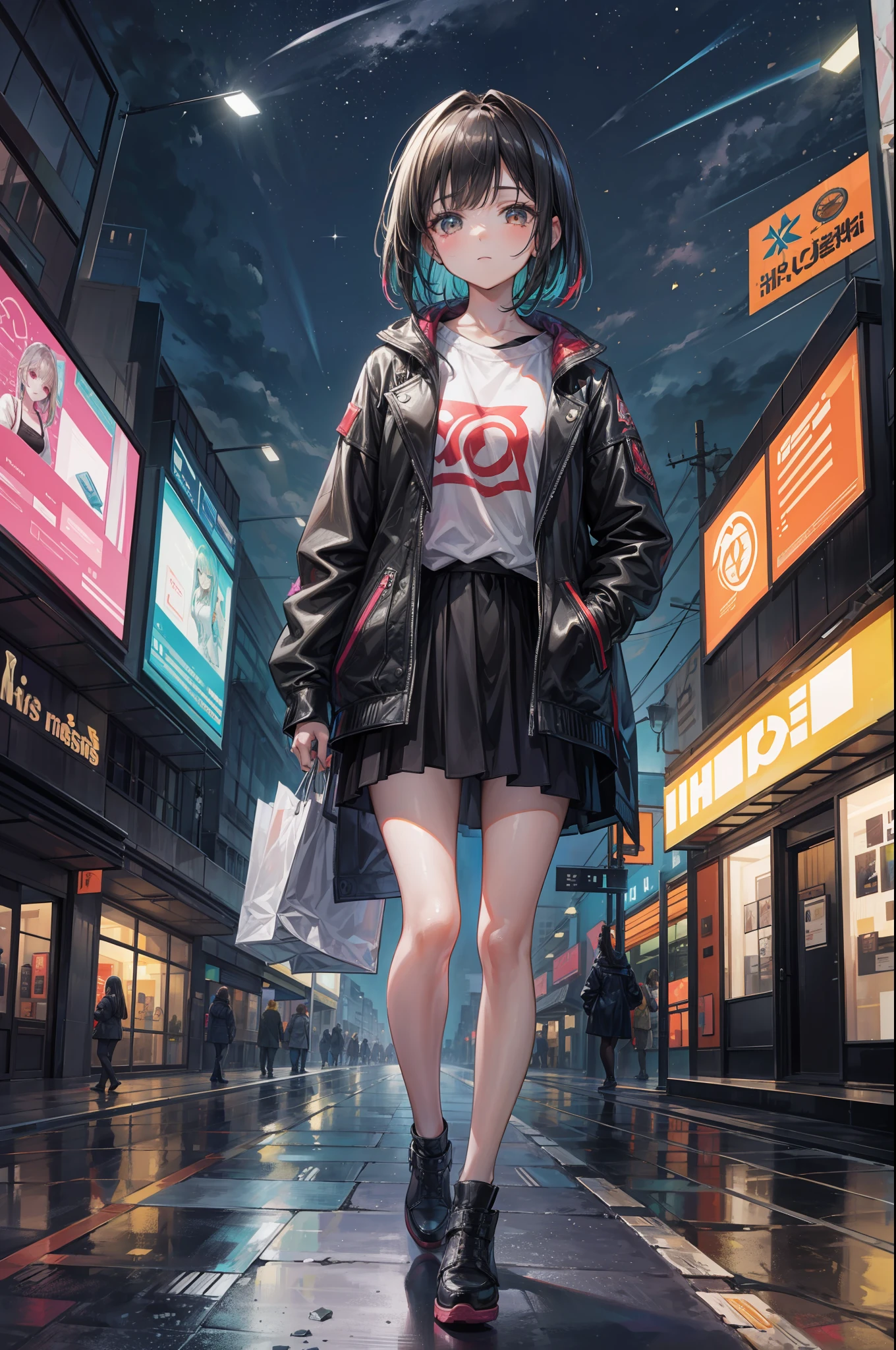 Su estilo. Mujer joven llora. triste. It's night and she's standing walking down a shopping street with big screens and multicolored lights..