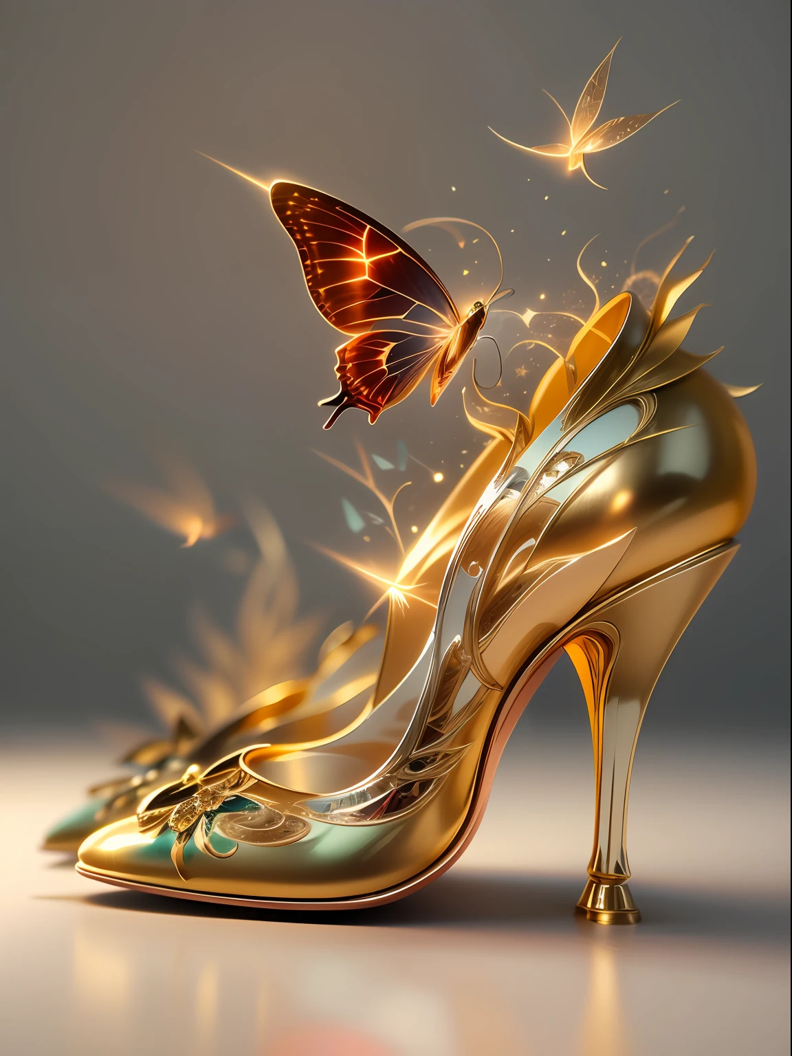 A pair of crystal high heels emanated（（（Red-gold particle effects：1.3）））,Complicated details，diamond，Sparkling， fanciful, Noble and elegant，streamline，Layered，（（（Do not distort and deform：1.3）））， Gorgeous and colorful, butterflys，florals，Amazing photography, dramatic  lighting, photo-realism, super-fine,Ultra photo realsisim，8k, depth of fields, A high resolution，The toe of the shoe faces the camera，（The overall silhouette is centered：1.3），3D,C4D,octaneratingrendering，super high image quality