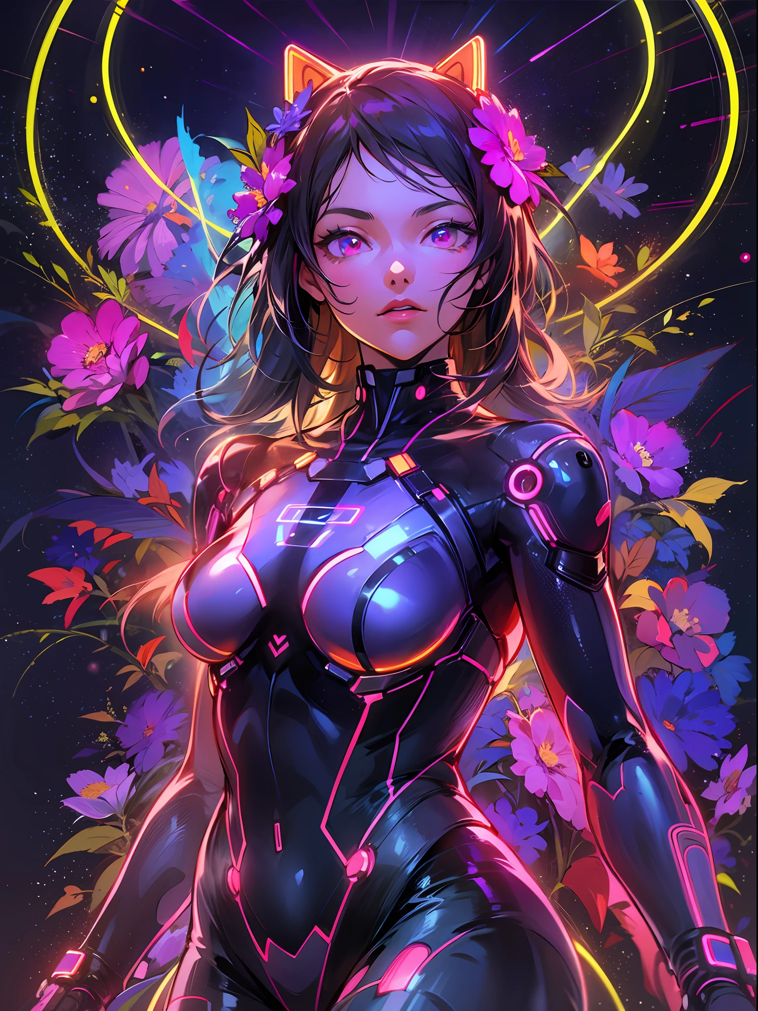A cyber space glowing with neon lights in the shape of flowers and a beautiful female warrior in a bodysuit. She has a beautiful face and brightly colored shining eyes. An inorganic but neon-colored bodysuit. Neon lights color the dark cyber space. Detailed drawings. Vivid colors. High image quality. --s 1000 --ar 4:5 --niji 5