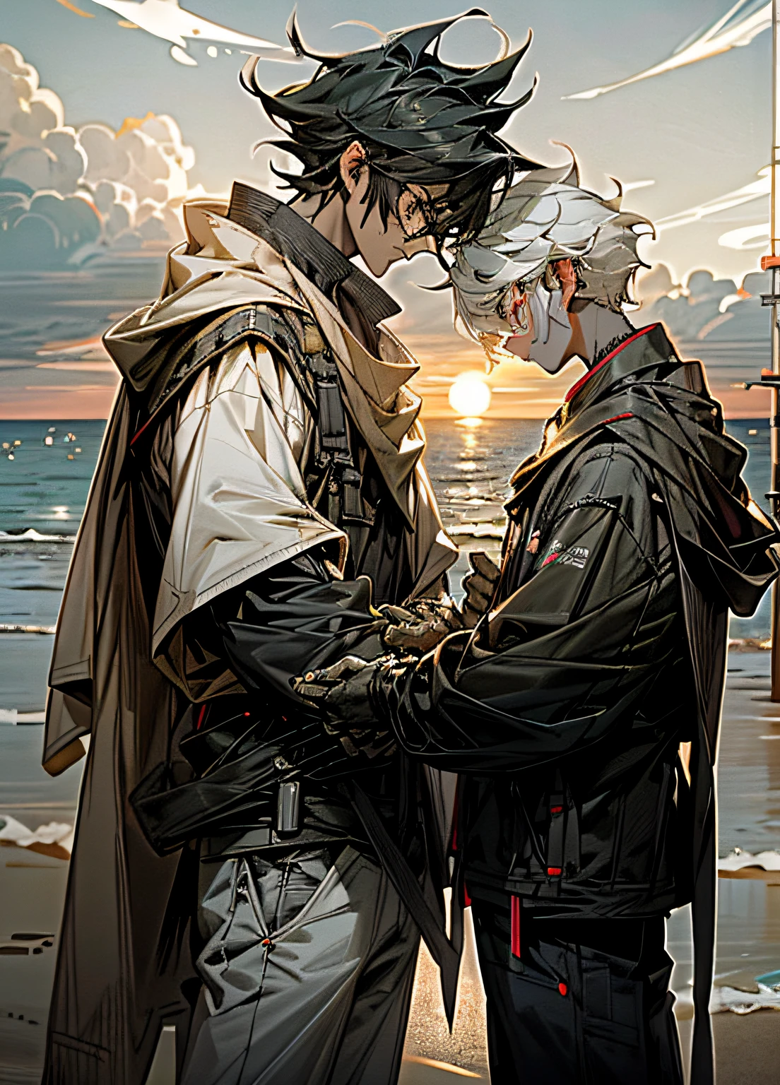Skysky，​​clouds，holding_weapon，no_humans，buliding，glowing_eyes，mecha，，城市，Realistis，mecha，Two boys in love hold hands，sandbeach，evening light，A boy with glasses，One does not wear glasses，setting sun