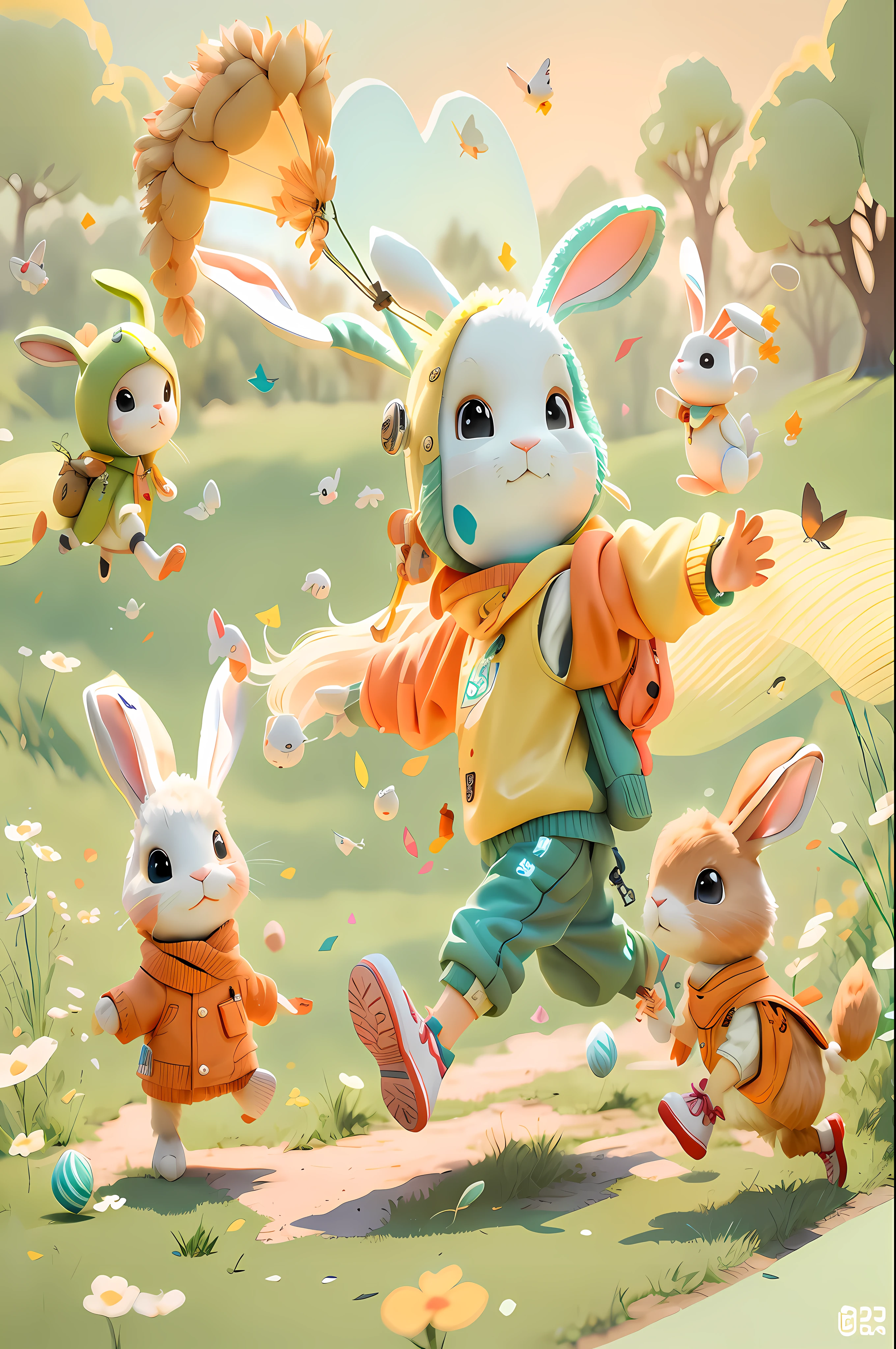 There are a lot of small stuffed toys running in the grass, childrens art in artstation, lovely digital painting, Cute detailed digital art, author:Lee Jeon-suk, author:Ryan Yee, Beeple and Jeremiah Ketner, by Russell Dongjun Lu, By Ni Duan, author:Wang Lei, adorable digital art, edgBunny_Character, a forest with bunnies