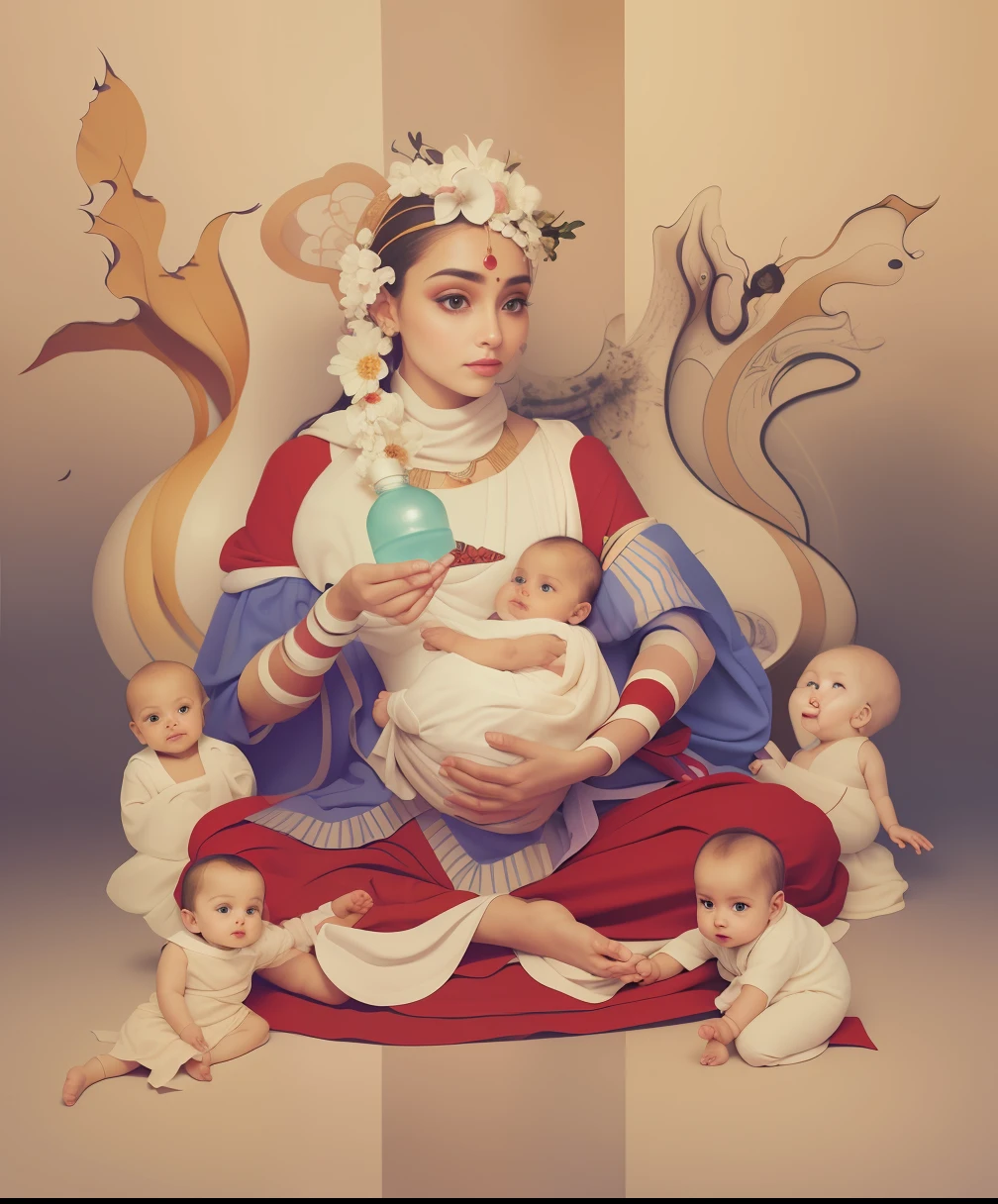 （32K，RAW photos，best qualtiy，tmasterpiece：1.6），（realisticlying，Foto realism：1.72）， In a fascinating picture，Indian elegant woman，brunette color hair，Wear an Indian sare，Light yarn flutters，Holding a bottle in his hand，Holding a small baby，There are 5 small babies around，There are 5 small babies in total，Her flowing robe，Baby's cuteness，It creates a captivating scene of harmony and otherworldly beauty。 hdr，（真实感，Masterpiece quality，best qualtiy），，PureErosFace_V1，Urzang-6500-V1 Edition, Edition, Edition, Edition.1，nice hand，Good feet，good legs，realisticlying，（Delicate beautiful eyes and delicate face)，（Clear focus，rich details​），The background is well lit，Calm expression，aliasing，depth of fields，Gentle lighting，Tone-mapping，Background highly detailed，Dramatic lighting，Shoot with a Hasselblad X2D camera and a 100mm f2.2 lenses，plethora of colors，The light is gentle，It has a super realistic texture。
