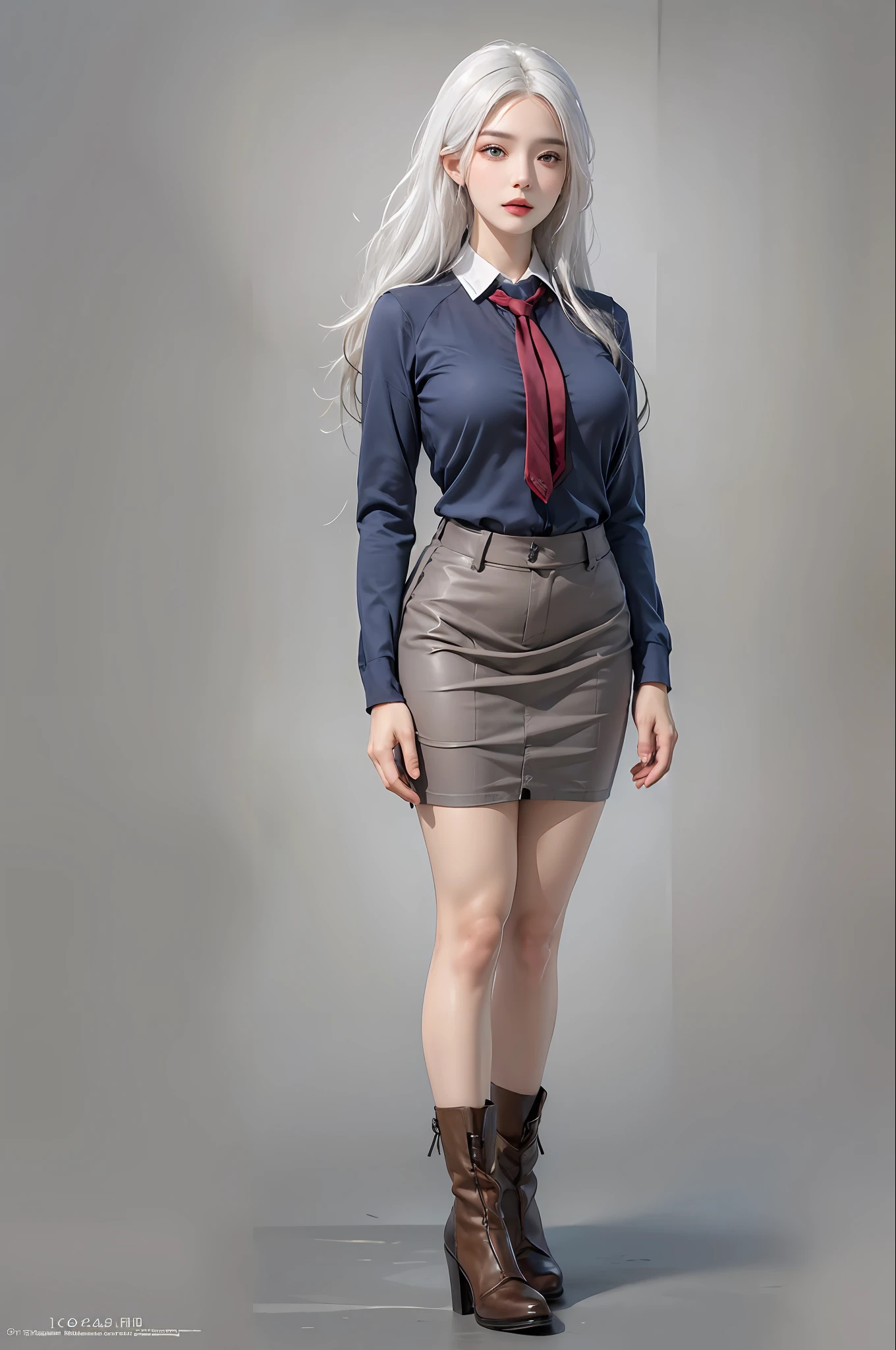 photorealistic, high resolution, 1 women, solo, hips up, look at viewer, (detailed face), white hair, long hair, secretary uniform, skirt