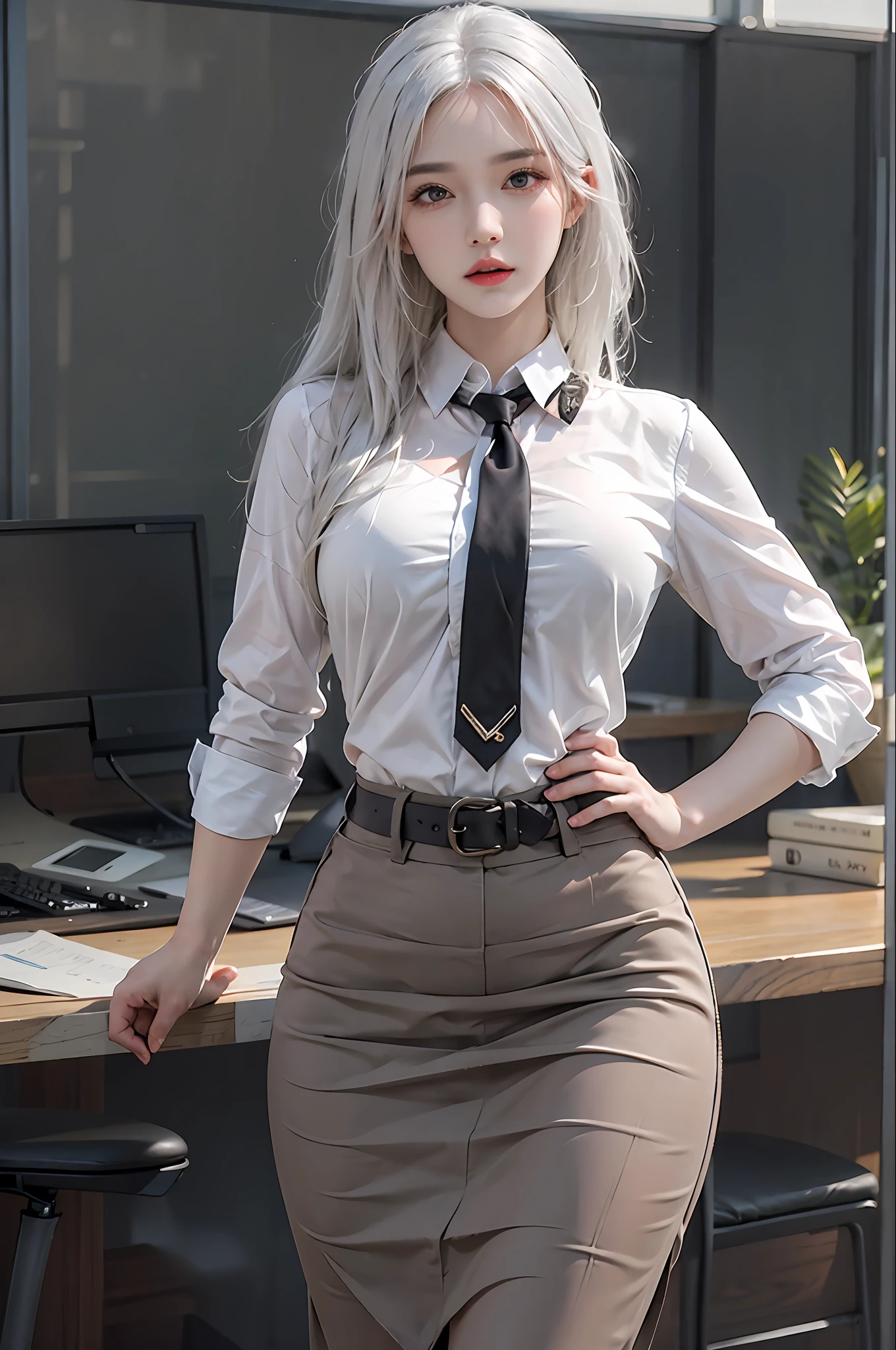 photorealistic, high resolution, 1 women, solo, hips up, look at viewer, (detailed face), white hair, long hair, secretary uniform, skirt