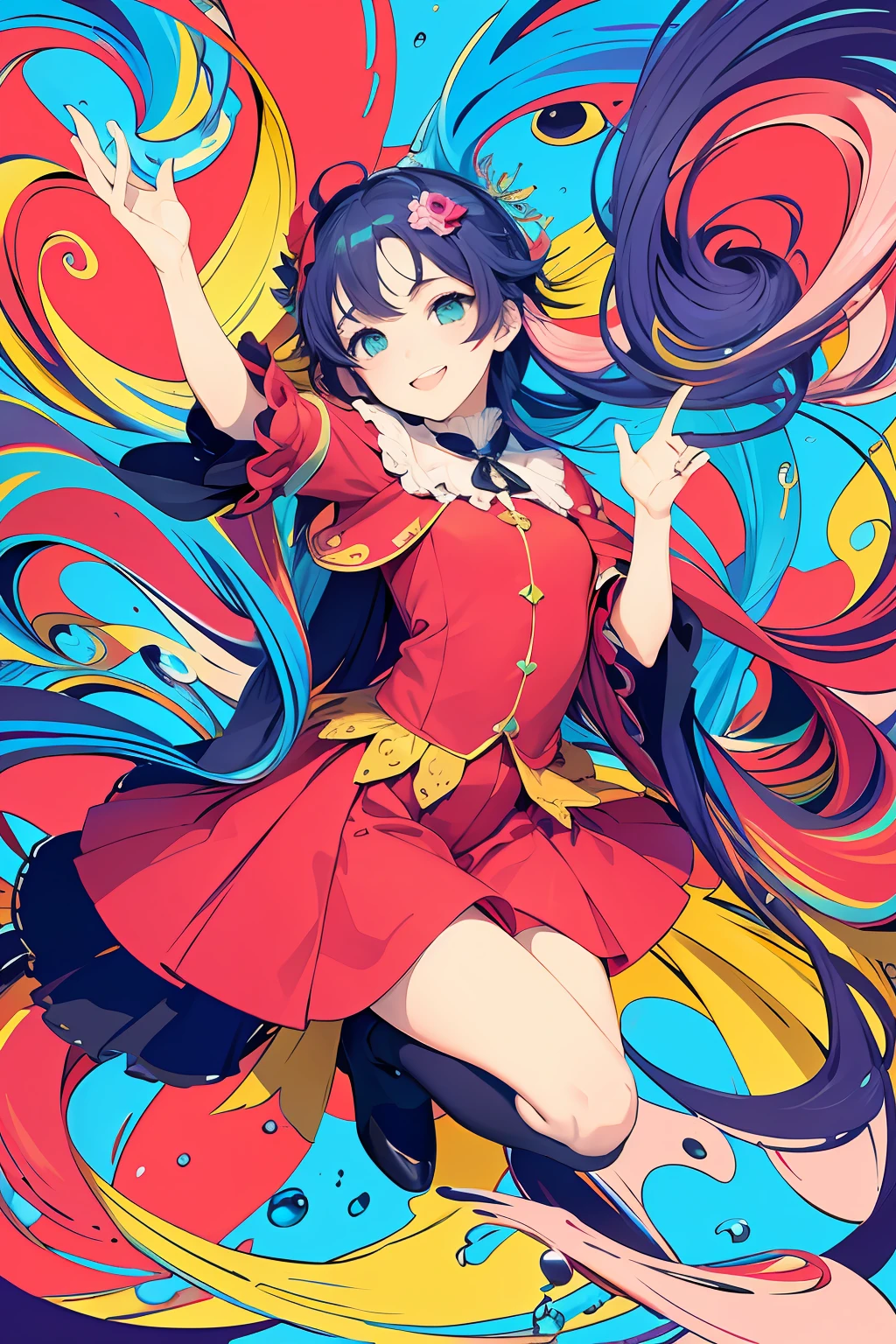 （tmasterpiece，best qualtiy：1.3），（Mono Color：1.3），（a color：1.3），looking at viewert，1 smiling girl，独奏，Floating colored water，（2D：1.3）