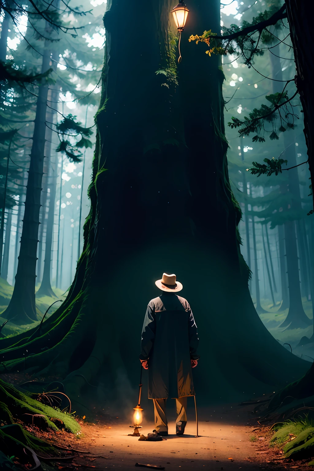 old man holding a lampstand, detailed, mistic atmosphere, magic atmosphere, forest background, tree back ground