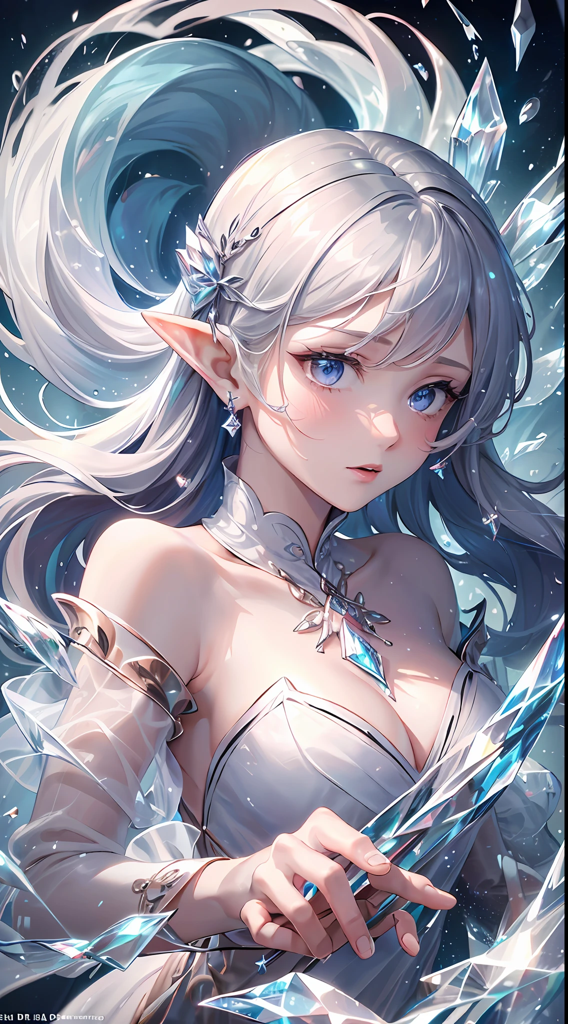 (Masterpiece, Top Quality, Best, Official Art, Beautiful and Aesthetic, Long Exposure: 1.2), Smooth Movement, Charming Patterns, 1 Girl, (Long Dress with Sleeves: 1.3), (((White Clothes) )), upper body close-up, bare shoulders, Chinese girl, blush, black lob hair, portrait, solo, upper body, looking at the observer, detailed background, detailed face, (crystallineAI, crystalline theme:1.1), elemental wind elves, rotation Wind, control the wind, white crystal clothing, dynamic pose, floating particles, ethereal dynamics, whirlwind, vapor, whirlwind in the background, white tone, whirlwind, ethereal atmosphere,