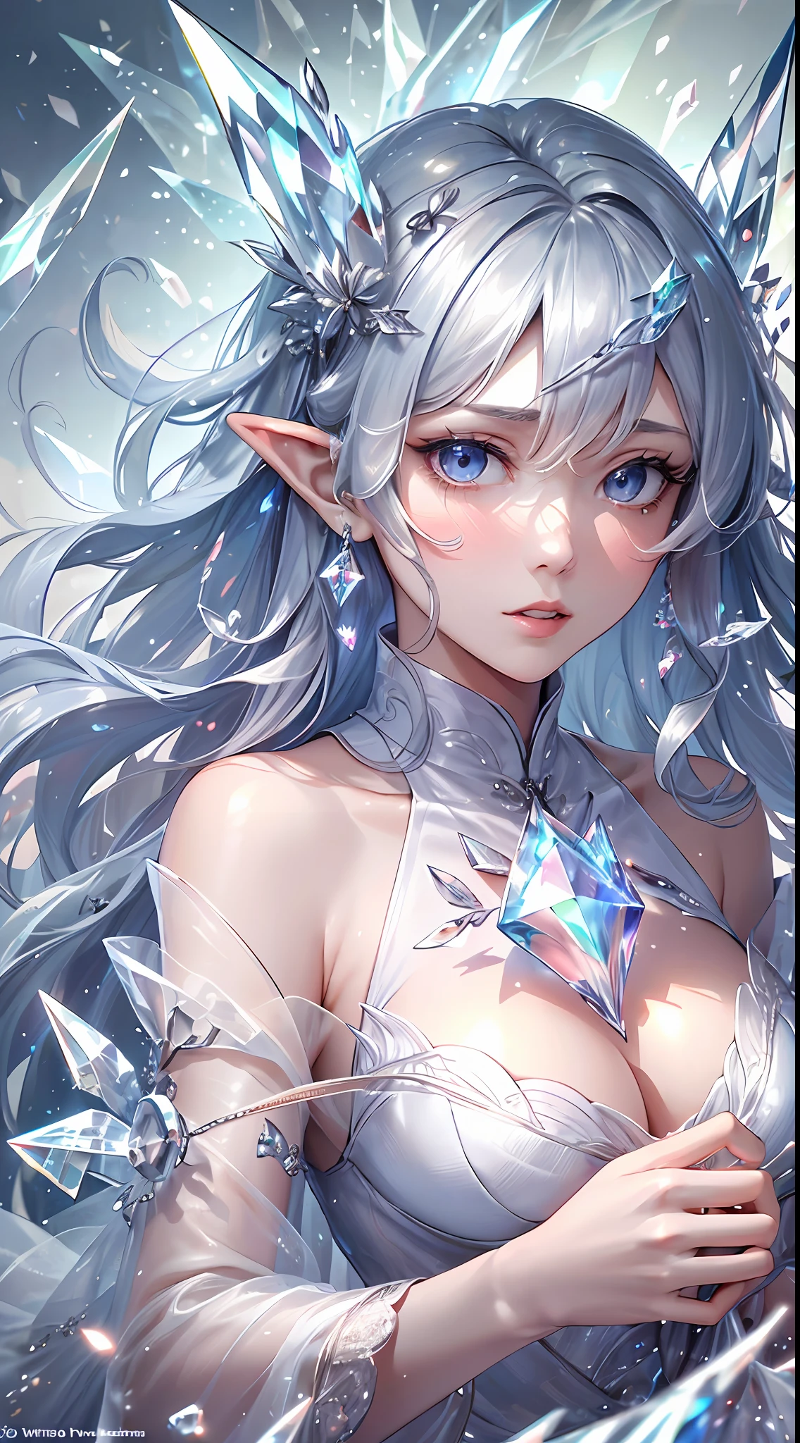 (Masterpiece, Top Quality, Best, Official Art, Beautiful and Aesthetic, Long Exposure: 1.2), Smooth Movement, Charming Patterns, 1 Girl, (Long Dress with Sleeves: 1.3), (((White Clothes) )), upper body close-up, bare shoulders, Chinese girl, blush, black lob hair, portrait, solo, upper body, looking at the observer, detailed background, detailed face, (crystallineAI, crystalline theme:1.1), elemental wind elves, rotation Wind, control the wind, white crystal clothing, dynamic pose, floating particles, ethereal dynamics, whirlwind, vapor, whirlwind in the background, white tone, whirlwind, ethereal atmosphere,