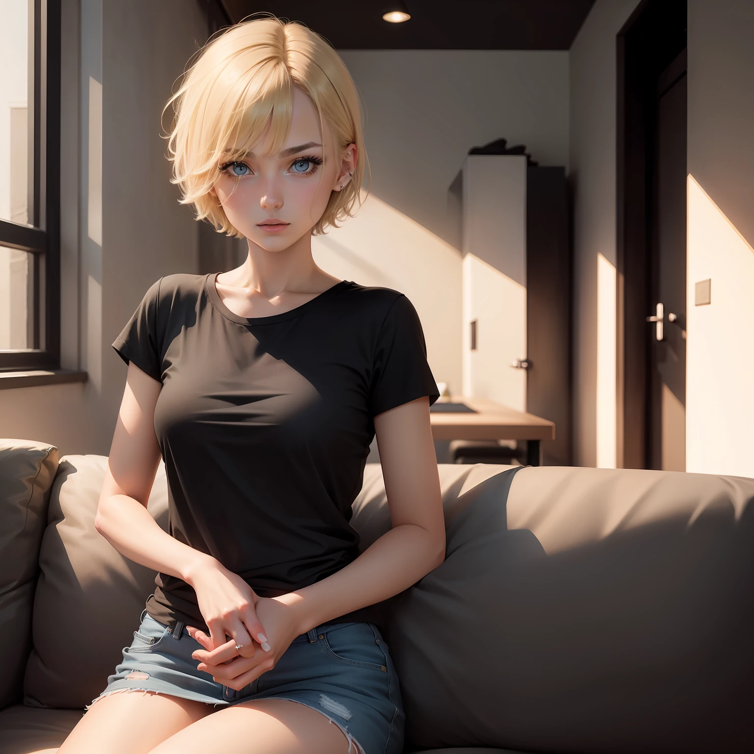 Girl with a short haircut and blonde hair, amber eyes, dressed in a black T-shirt, 19 years