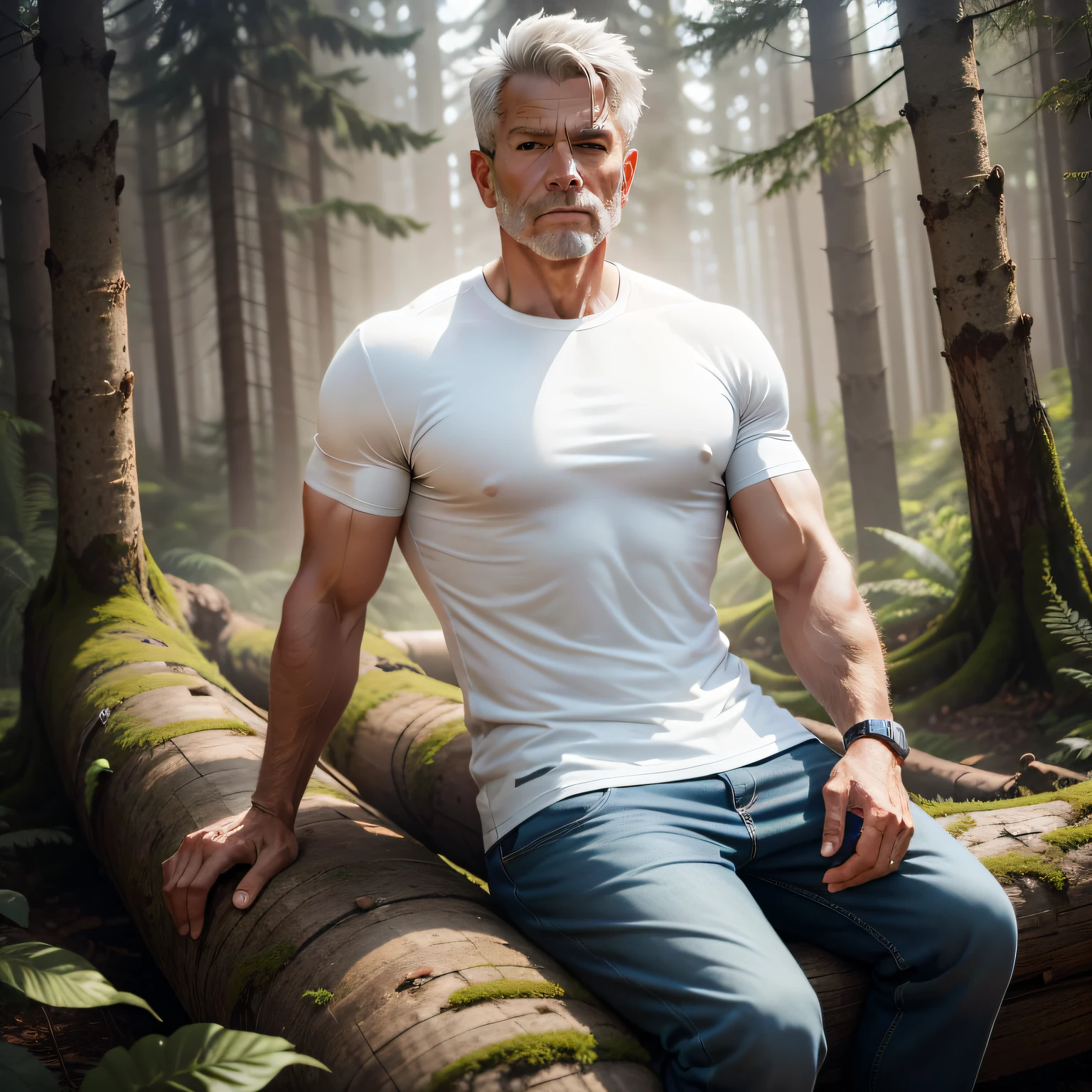 Middle age person sitting on a log in a forest sharp jaw line white t shirt