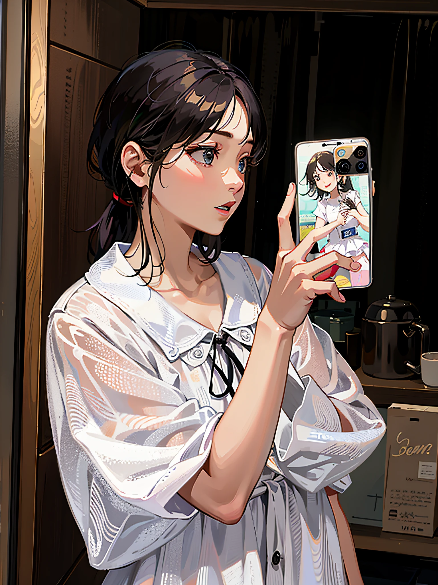 there is a woman that is taking a selfie in a mirror, kimi takemura, she is holding a smartphone, Zhang Wanting, Gemma Chen, wenfei ye, gemma chan beautiful girl, bae suzy, xintong chen, lulu chen, tzuyu from twice, chiho, shiori teshirogi, komono, selfie of a young woman, iphone selfie