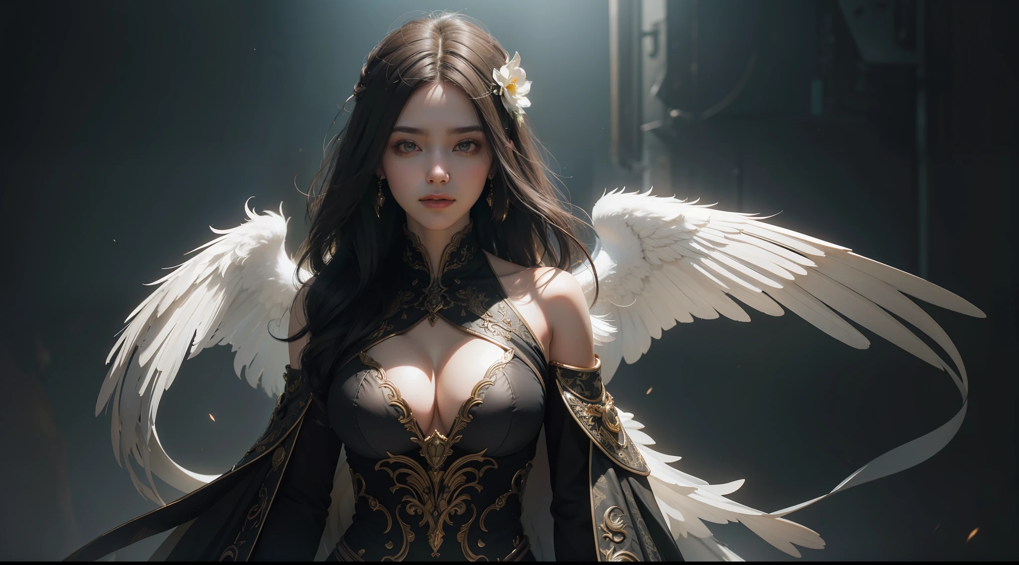 Confident and mature woman,wings of a swan,Large breasts,magnificent robe,complex patterns,magia,chies,Natural hair,photorealistic portrait,4K,highest details,highly detailed,art stations,Smoothness,Sharp focus,cinmatic lighting,facing at the camera,Dark Studio,edge lit,twotonelighting,Dimly lit,low tune,((best qualtiy)), ((tmasterpiece)), (The is very detailed:1.3), Ancient Techniques, hdr(HighDynamicRange), Ray traching, NVIDIA RTX, Hyper-Resolution, Unreal 5, sub surface scattering, PBR Texture, post-proces, Anisotropic filtering, depth of fields, Maximum clarity and sharpness, Many-Layer Textures, Albedo e mapas Speculares, Surface coloring,Accurately simulate light-material interactions,perfectly proportions,rendering by octane,twotonelighting,Low ISO,White balance,trichotomy,Wide aperture,8K raw data,High-Efficiency Sub-Pixel,sub-pixel convolution,Luminous Particle,Light scattering,Tyndall effect