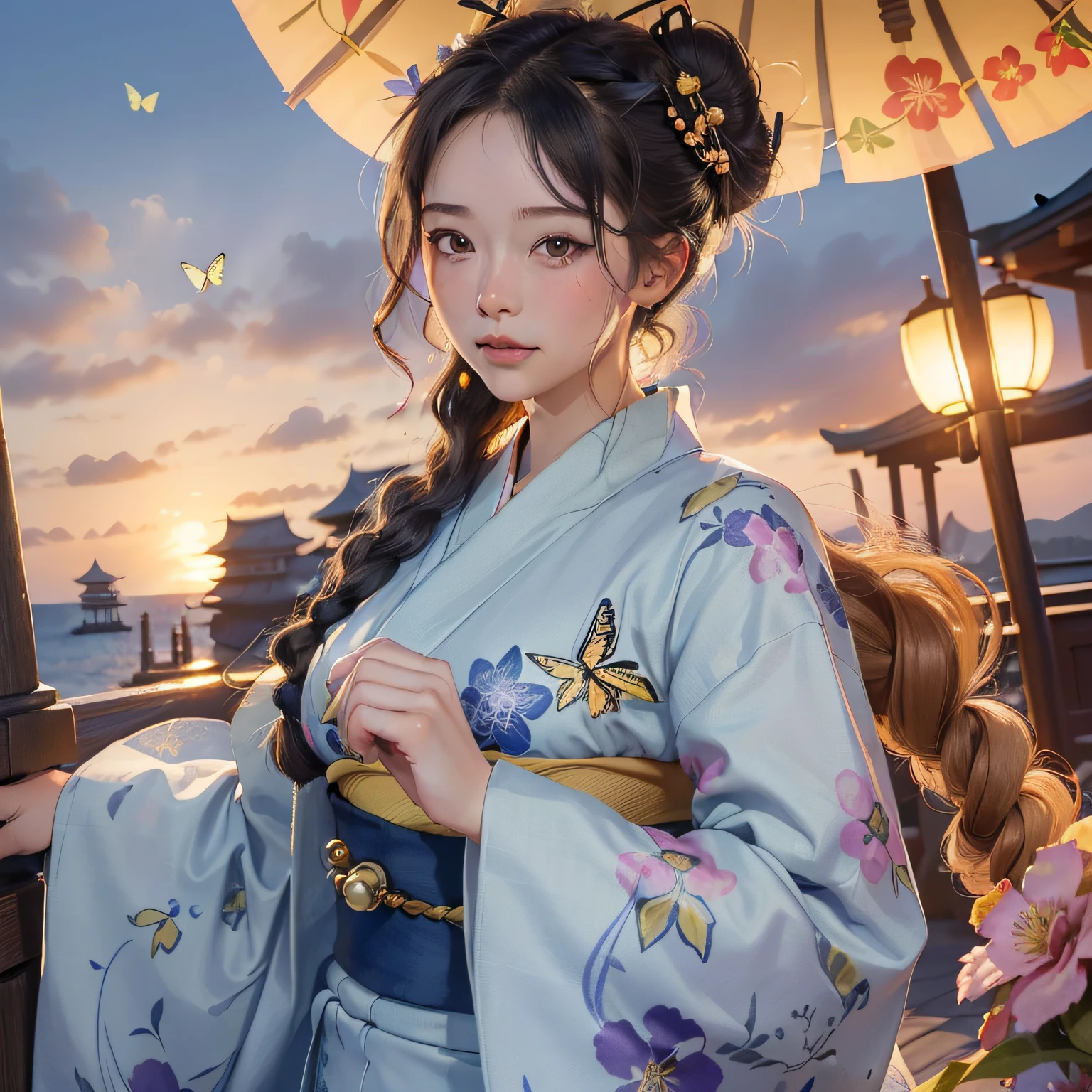2girls, ((​masterpiece、top-quality、ultra-definition、hight resolution))、4K picture quality、((Beautuful Women))、22year old、wetted skin、radiant eyes、perfect  eyes、(Beautiful Nordic sisters)、the beach,Background crowd、((Curly hair in braids、Bun１))、((facial close-up))、(((Wearing a bell sleeve yukata)))、((The pattern of the yukata is、They range from fancy floral patterns to swallowtail butterflies..))、((Use primary colors for yukata colors))、​masterpiece、top-quality、ultra-definition、hight resolution))、4K picture quality、((Wearing a fan))