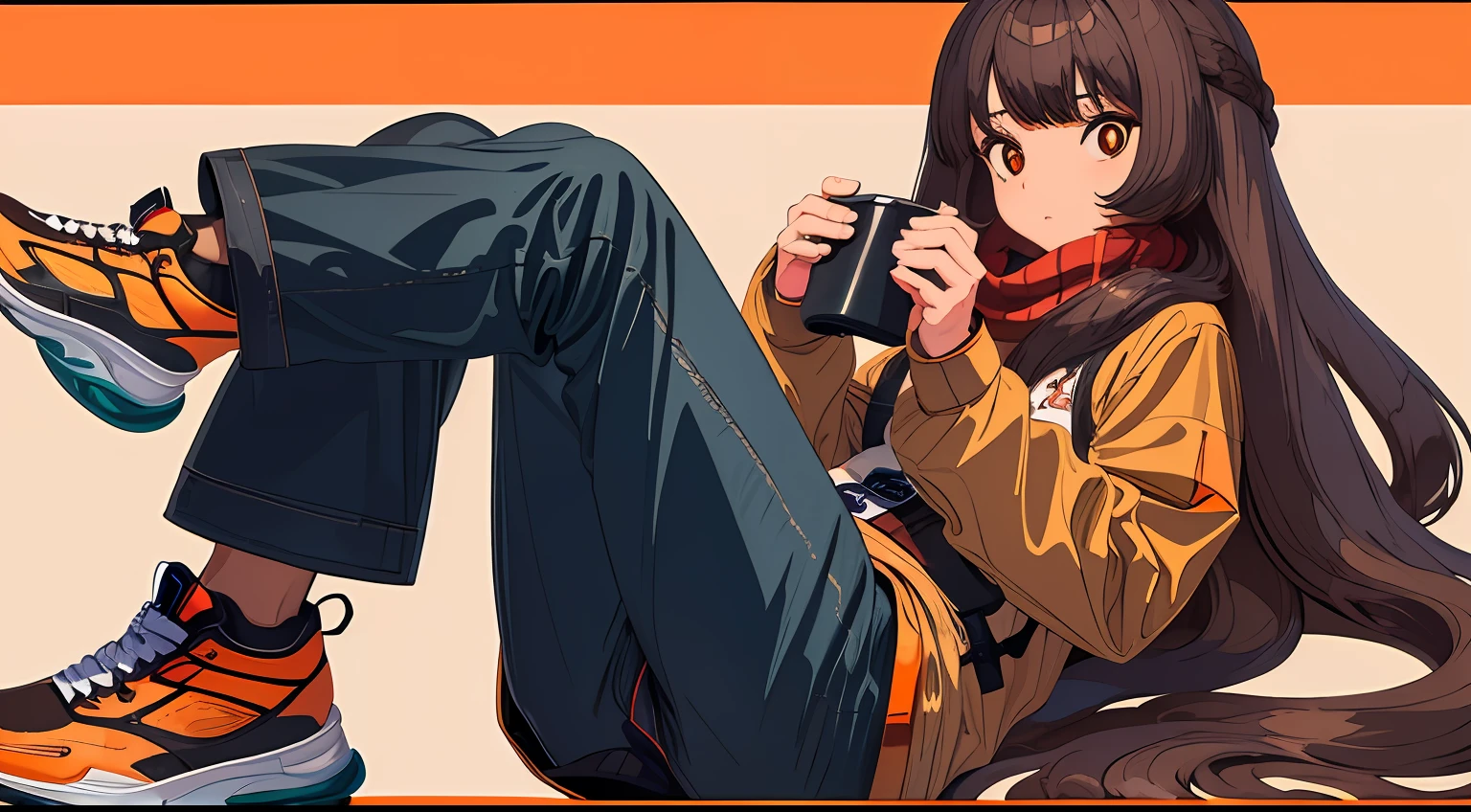 1girl, long hair, brown hair, wavy hair, orange pupils, 172 centimeter height, red scarf, long coat, jeans, sneakers, character sheet, character design