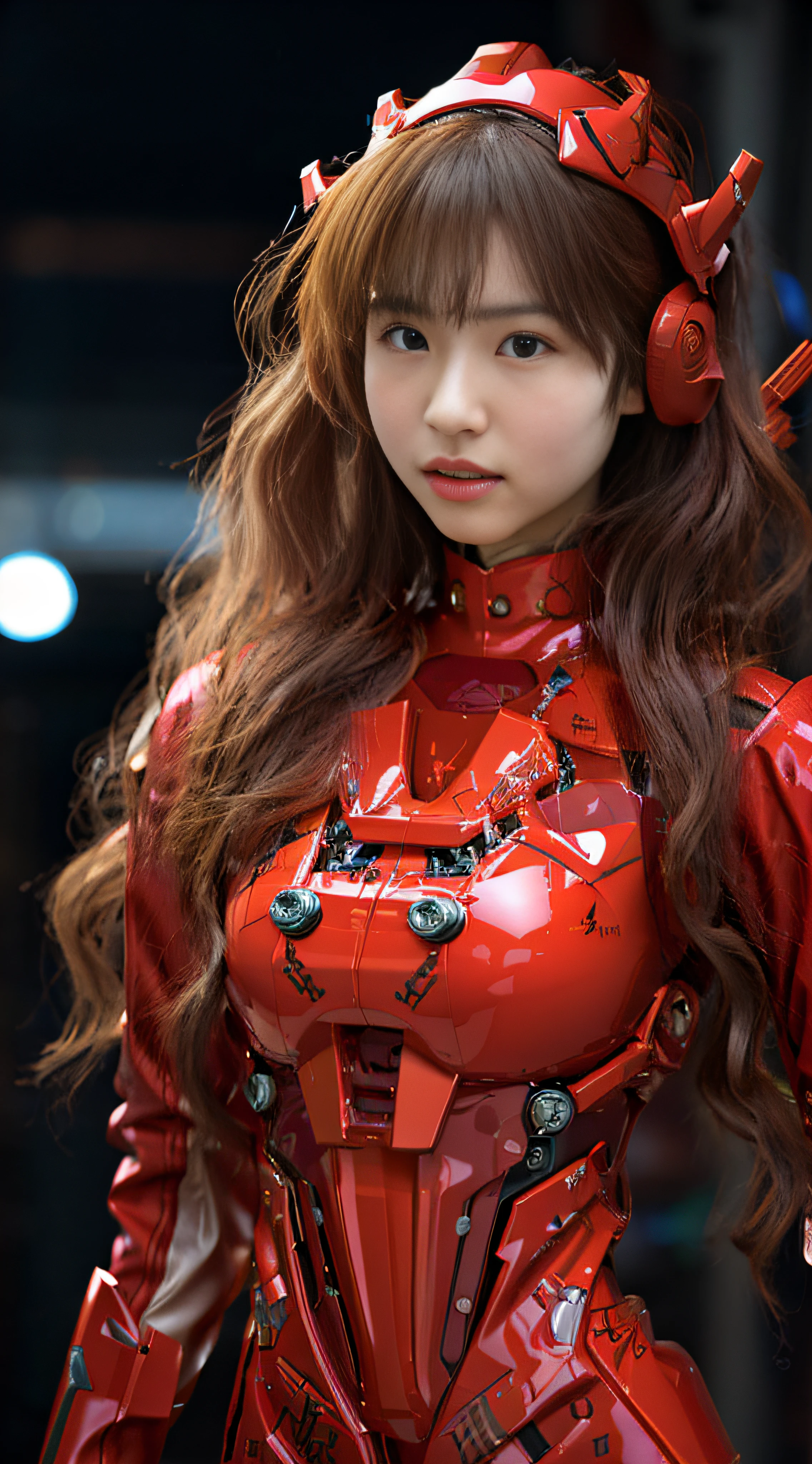 A beautiful Japanese actress,wearing a EVA 03-style Red and orange latex coat,Role playing Asuka Langley Soryu,full-body cosplay,Delicate Face, Stunningly Beautiful, Combat Pose,High Detail Skin, Realistic Skin Detail, Visible Pore,The photograph is taken with a Nikon D850 and a Nikon AF-S NIKKOR 70-200mm f/2.8E FL ED VR lens, using settings of f/8.0 aperture, 1/200 sec shutter speed, and ISO 400, DSLR Camera, High Quality, Fair Skin, Photorealism