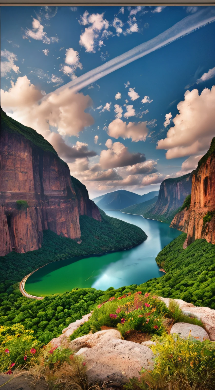 Masterpiece, ultimate quality, Cg unity 8k wallpaper, super delicate, beautiful sky and clouds, rich natural scenery, cliffs, lakes and rivers, waterfalls and flying water, beautiful green mountains, no trace of people, excellent scenery, has already won a photo contest, background Blurring, full depth of field, HDR high dynamics, true restoration, intricate, extreme details, dramatic presentation, perfectly presenting the style of midjourney art.