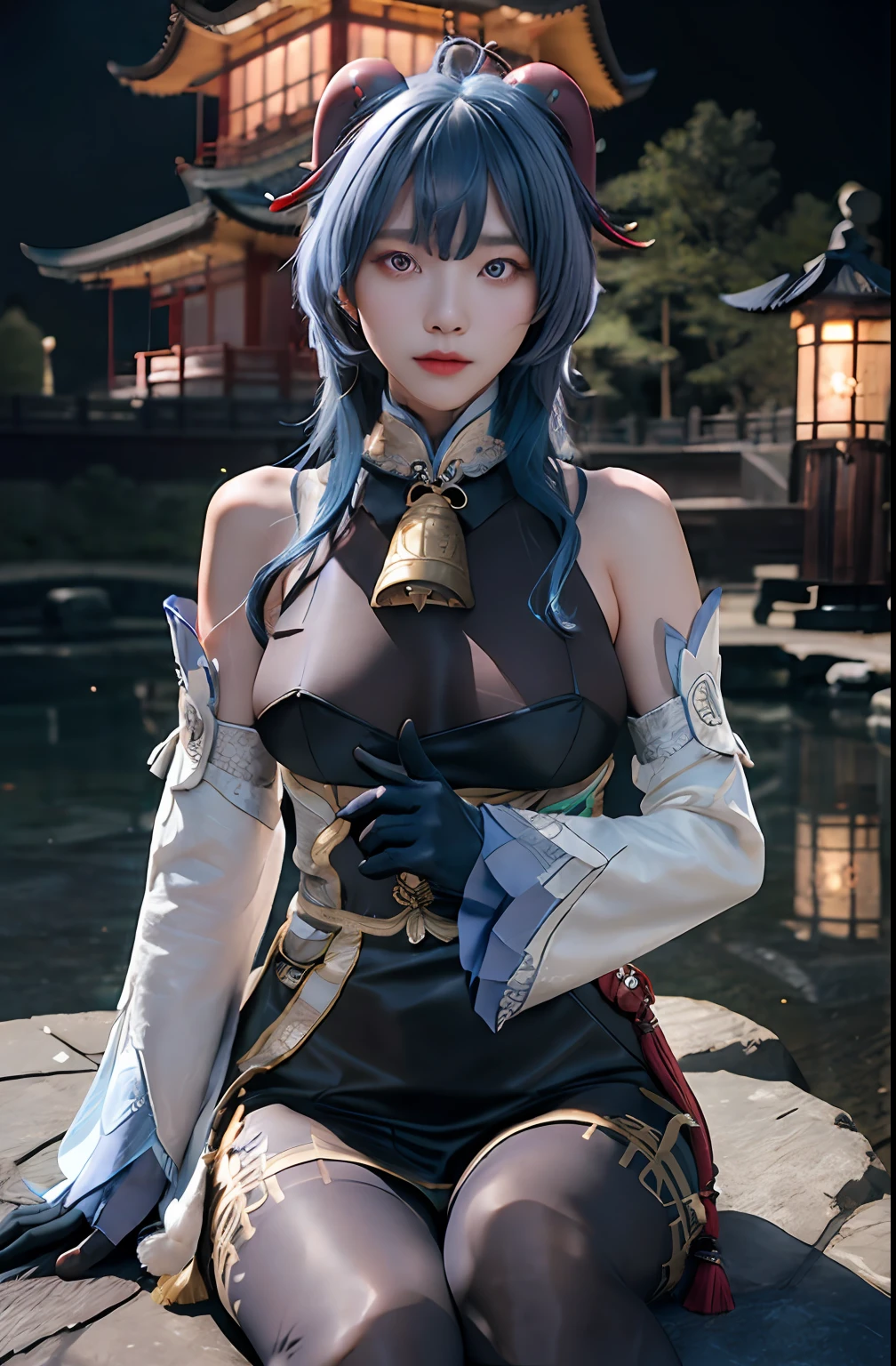 masterpiece, (photorealistic:1.5), best quality, beautiful lighting, real life, ganyu \(genshin impact\), 1girl, ahoge, architecture, bangs, bare shoulders, bell, black gloves, black pantyhose, (blue hair), blush, breasts, chinese knot, detached sleeves, east asian architecture, flower knot, gloves, horns, long hair, looking at viewer, medium breasts, neck bell, night, outdoors, pantyhose, purple eyes, sidelocks, solo, tassel, white sleeves, (ulzzang-6500:0.5) , intricate, high detail, sharp focus, dramatic, beautiful girl , (RAW photo, 8k uhd, film grain), caustics, subsurface scattering, reflections ,