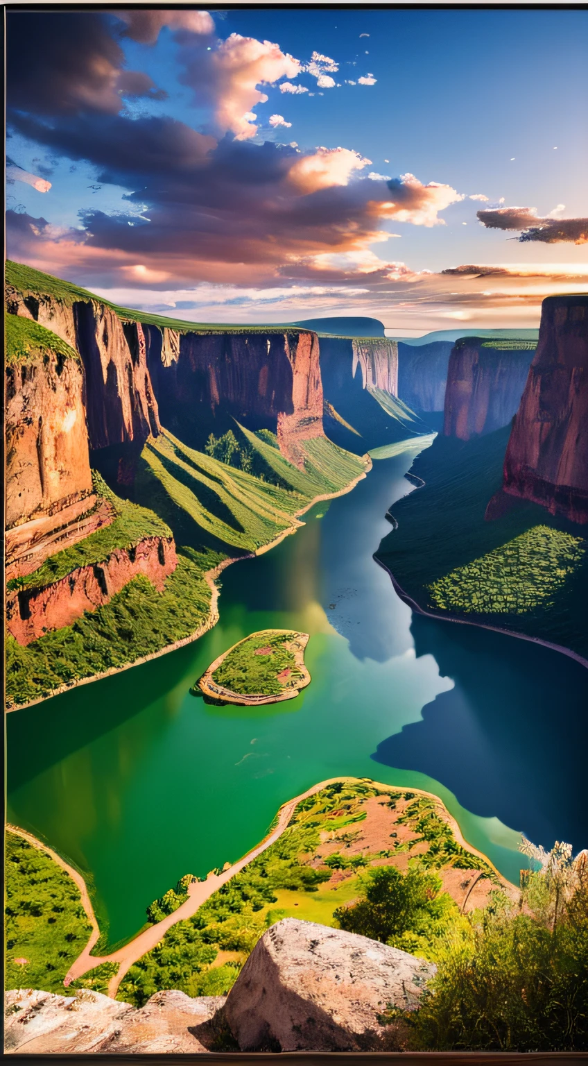 Masterpiece, ultimate quality, Cg unity 8k wallpaper, super delicate, beautiful sky and clouds, rich natural scenery, cliffs, lakes and rivers, waterfalls and flying water, beautiful green mountains, no trace of people, excellent scenery, has already won a photo contest, background Blurring, full depth of field, HDR high dynamics, true restoration, intricate, extreme details, dramatic presentation, perfectly presenting the style of midjourney art.