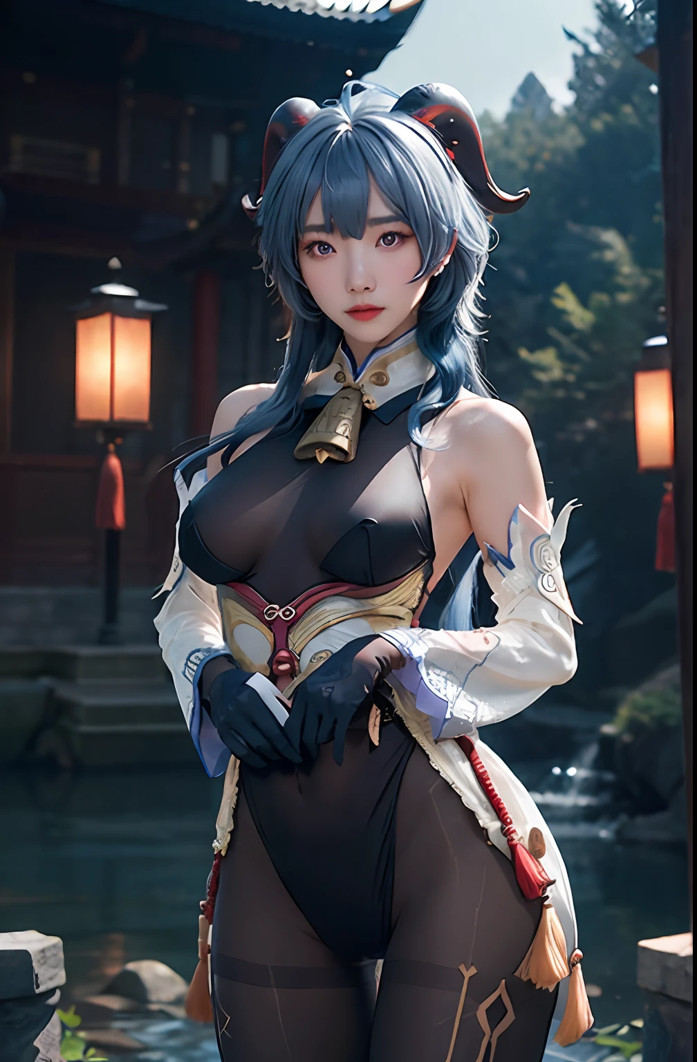 masterpiece, (photorealistic:1.5), best quality, beautiful lighting, real life, ganyu \(genshin impact\), 1girl, ahoge, architecture, bangs, bare shoulders, bell, black gloves, black pantyhose, (blue hair), blush, breasts, chinese knot, detached sleeves, east asian architecture, flower knot, gloves, horns, long hair, looking at viewer, medium breasts, neck bell, night, outdoors, pantyhose, purple eyes, sidelocks, solo, tassel, white sleeves, (ulzzang-6500:0.5) , intricate, high detail, sharp focus, dramatic, beautiful girl , (RAW photo, 8k uhd, film grain), caustics, subsurface scattering, reflections ,