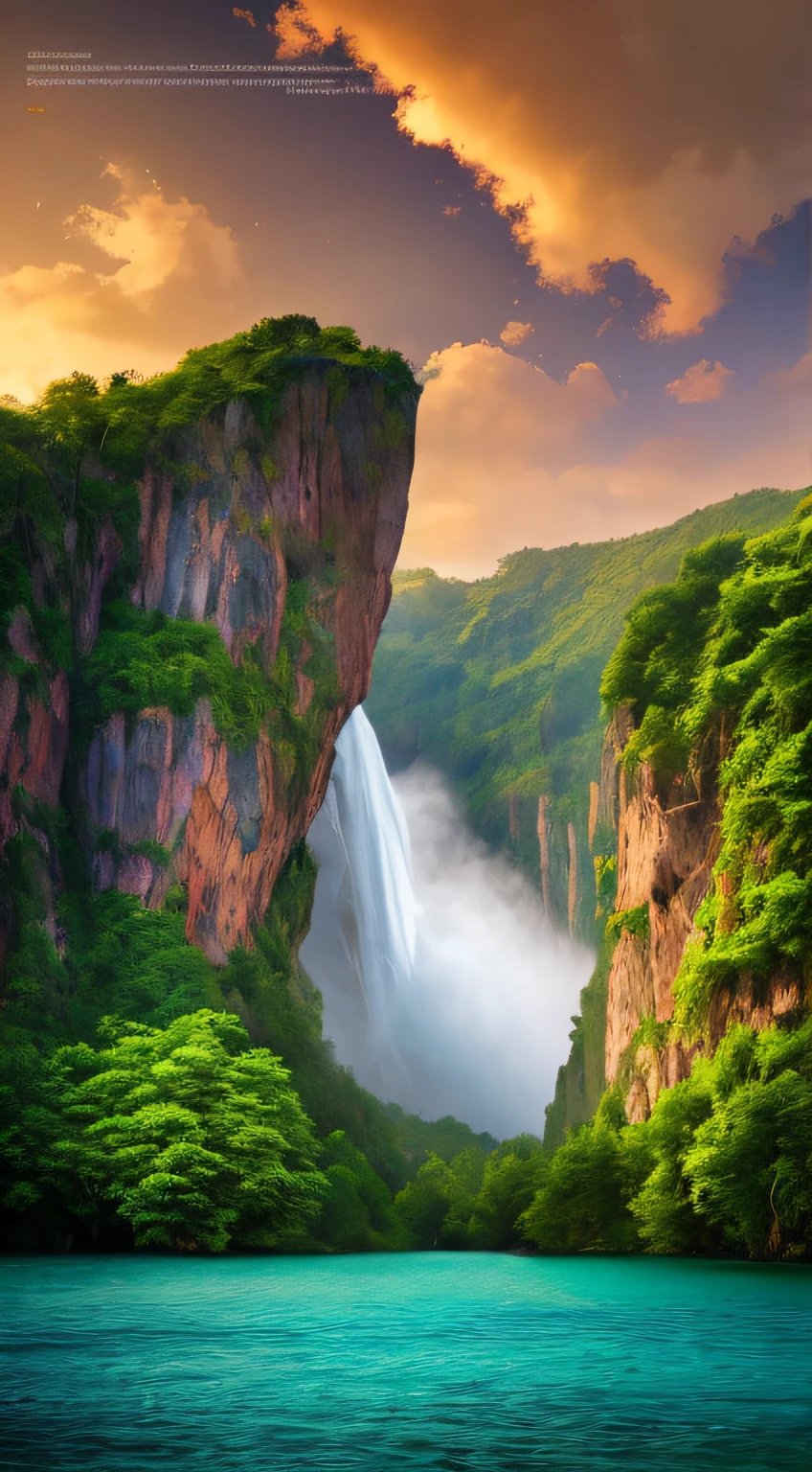 Masterpiece, ultimate quality, Cg unity 8k wallpaper, super delicate, beautiful sky and clouds, rich natural scenery, cliffs, lakes and rivers, waterfalls and flying water, beautiful green mountains, no trace of people, excellent scenery, has already won a photo contest, background Blurring, full depth of field, HDR high dynamics, true restoration, intricate, extreme details, dramatic presentation, perfectly presenting the style of midjourney art.