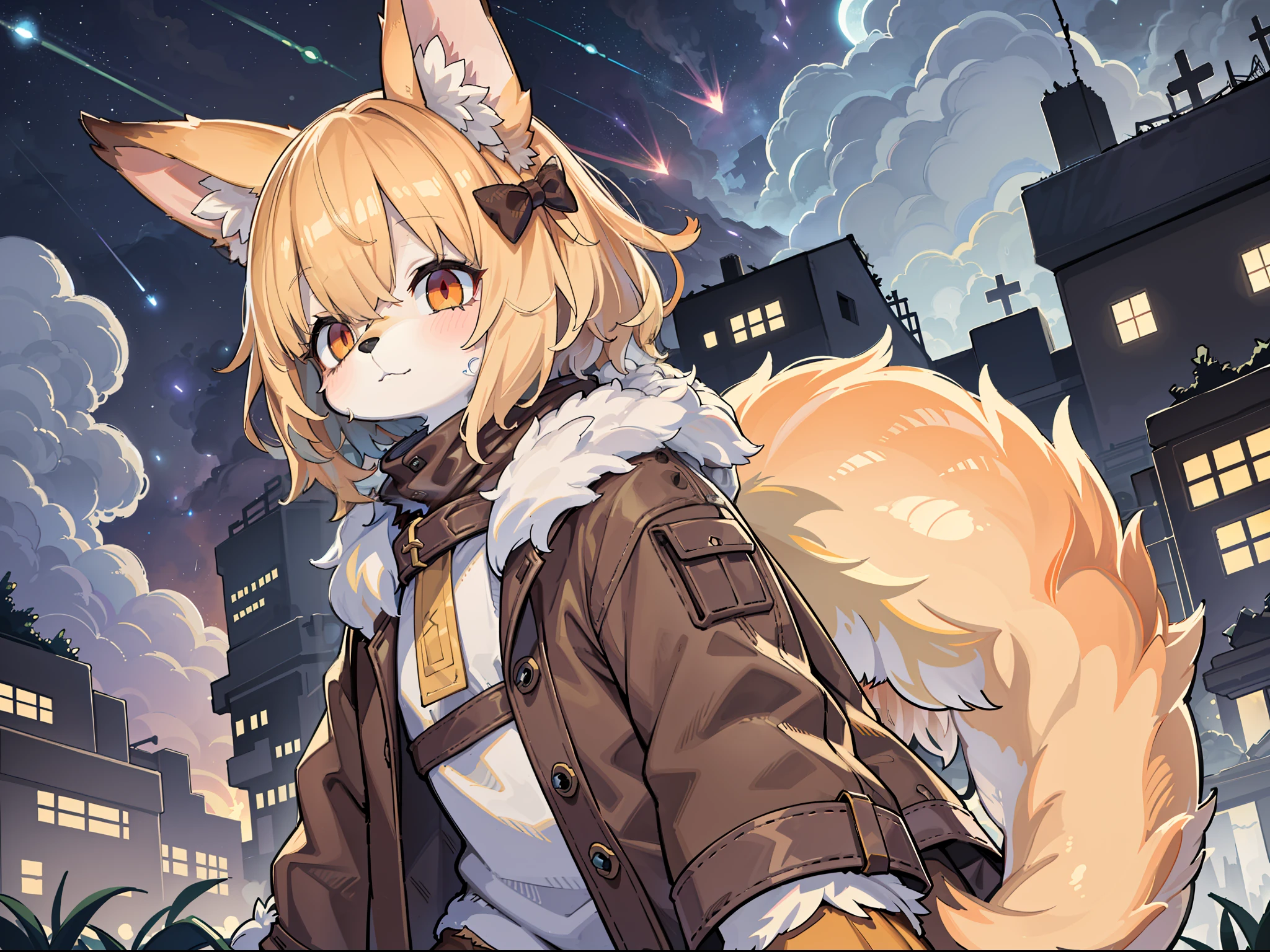 Shota the fox，hairy pubic，shaggy，Skin fur，Golden fur，Golden yellow face fur,Short straight blonde hair，Eyes have light，Red eyes，Brown elements on fur，Brown coat brown hood up，Star pattern white top，brown shorts，Beautiful lights and shadows，Ambient light，Ultra-fine fur，volumettic light,natural  lightting，Fluffy tail，Dilapidated building，Plant elements in ruins，lichen，There is no other life，Night，starrysky，Vast landscape，crossed bangs, Hairline, Shiny hair, lone nape hair, ，Dilated pupils，Sleepy，（moon full：1.2），（meteors：0.9），（Starcloud：1.3）（Warm light source：1.2），Rained，wetclothes, (overcast sky, Standing downpour:1.1), Extra-long sleeves， Purple and orange，Complicated details，Volumetriclighting，Realist breakthrough（tmasterpiece：1.2）（best qualtiy），4K，Ultra-delicate，（Dynamic configuration：1.4），Highly detailed and colorful details，（Irridescent color ：1.2），（luminouslighting，Atmospheric lighting），dream magical，magic，（独奏：1.2）Glowing light,Empty eyes