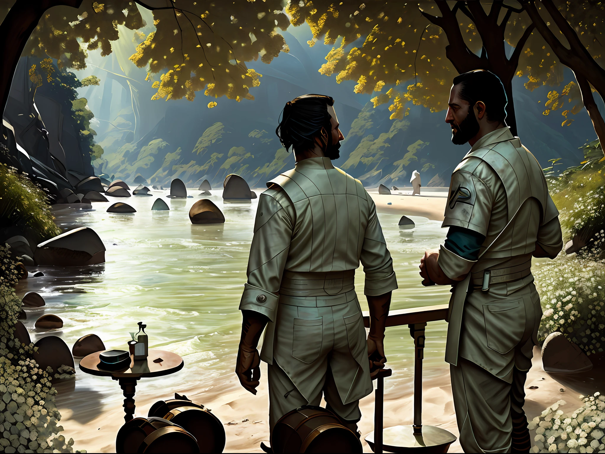 Retrato de dois pescadores conversando na beira de um rio Backlight, (Reflexo da lente:1.1), (flowering:1.1), (chromatic aberration:1.1), de Jeremy Lipking, Directed by: Antonio J. Manzanedo, Pintura Digital