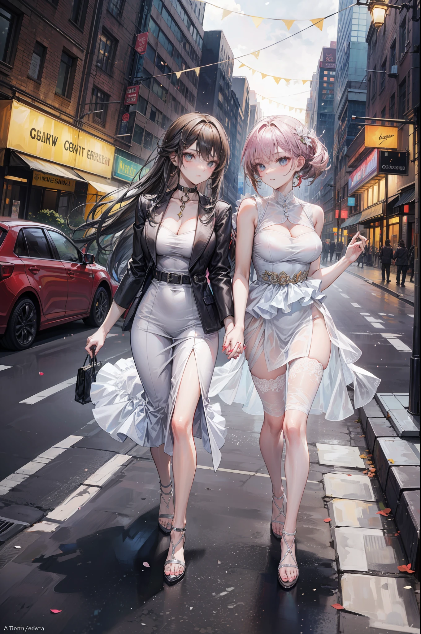 A medium shot of a beautiful young woman and her even more stunning sister. The two are together holding hands strolling down a New York street on a Saturday night on their way to the party areas.