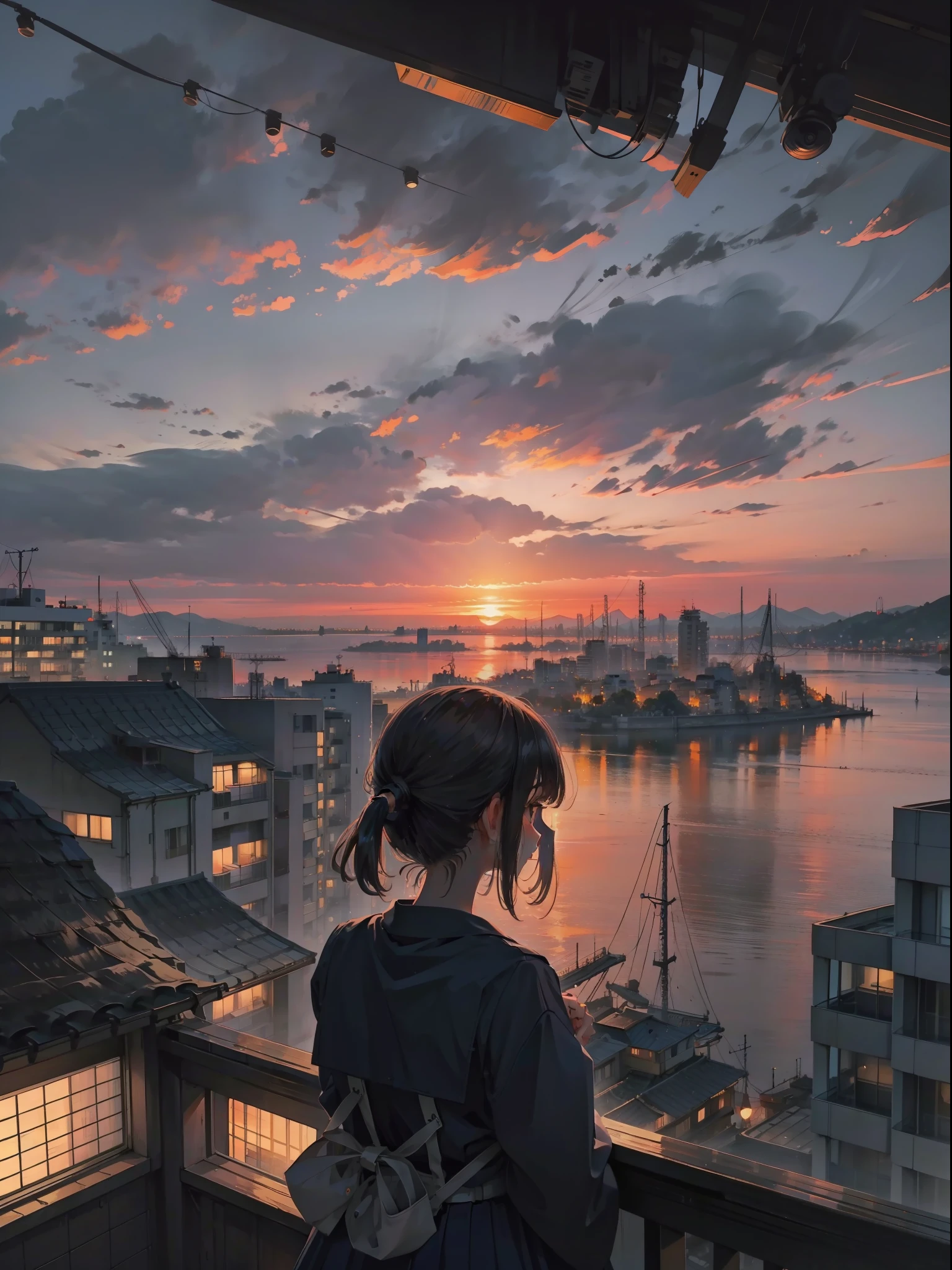 1girl，Girl in sailor suit looking ahead，behind，view over city，cinematric light，the sunset，城市。