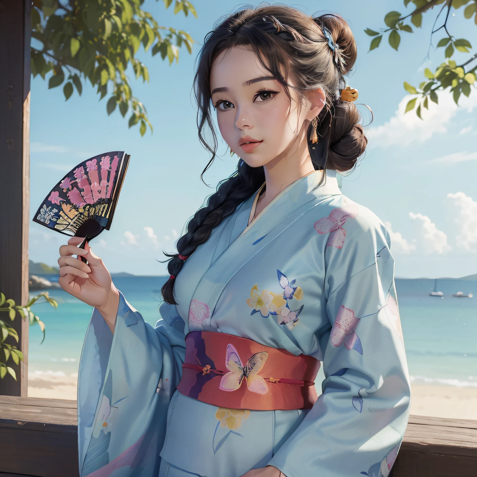 1girl with, ((masterpiece、top-quality、ultra-definition、hight resolution))、4K picture quality、((Beautuful Women))、22year old、wetted skin、radiant eyes、perfect eyes、(Beautiful Nordic sisters)、the beach,Background crowd、((Curly hair in braids、Bun1))、((facial close-up))、(((Wearing a bell sleeve yukata)))、((The pattern of the yukata is、They range from fancy floral patterns to swallowtail butterflies..))、((Use primary colors for yukata colors))、masterpiece、top-quality、ultra-definition、hight resolution))、4K picture quality、(((Holding a fan or fan in your hand)))、