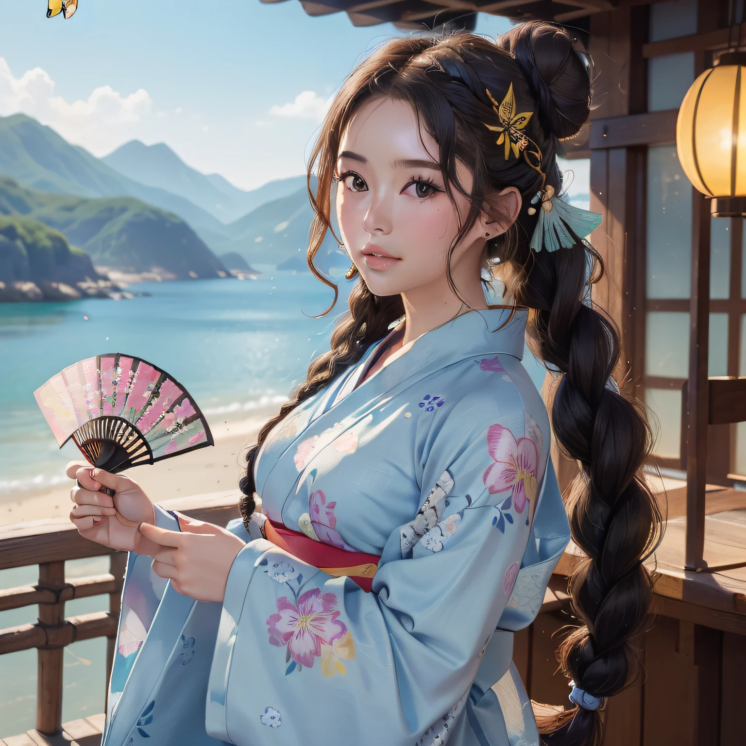 1girl with, ((masterpiece、top-quality、ultra-definition、hight resolution))、4K picture quality、((Beautuful Women))、22year old、wetted skin、radiant eyes、perfect eyes、(Beautiful Nordic sisters)、the beach,Background crowd、((Curly hair in braids、Bun1))、((facial close-up))、(((Wearing a bell sleeve yukata)))、((The pattern of the yukata is、They range from fancy floral patterns to swallowtail butterflies..))、((Use primary colors for yukata colors))、masterpiece、top-quality、ultra-definition、hight resolution))、4K picture quality、(((Holding a fan or fan in your hand)))、