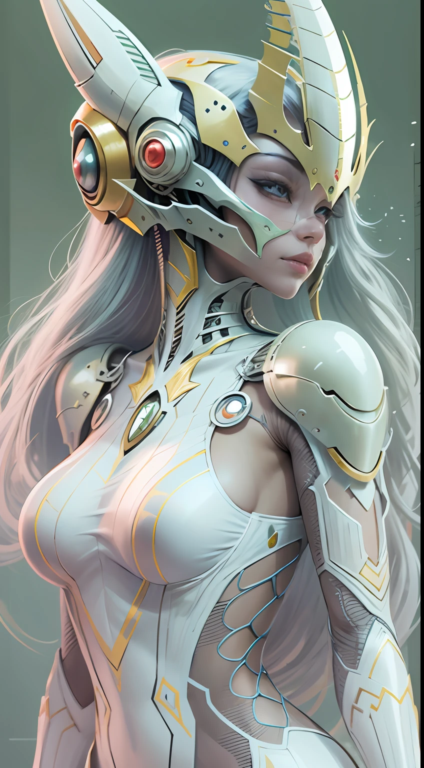 Cartoon photo of woman in beautiful white costume、Hot insect humanoid female、Guyver Style、Full Face Mask Cell Shade Adult Animation、Alien Queen、