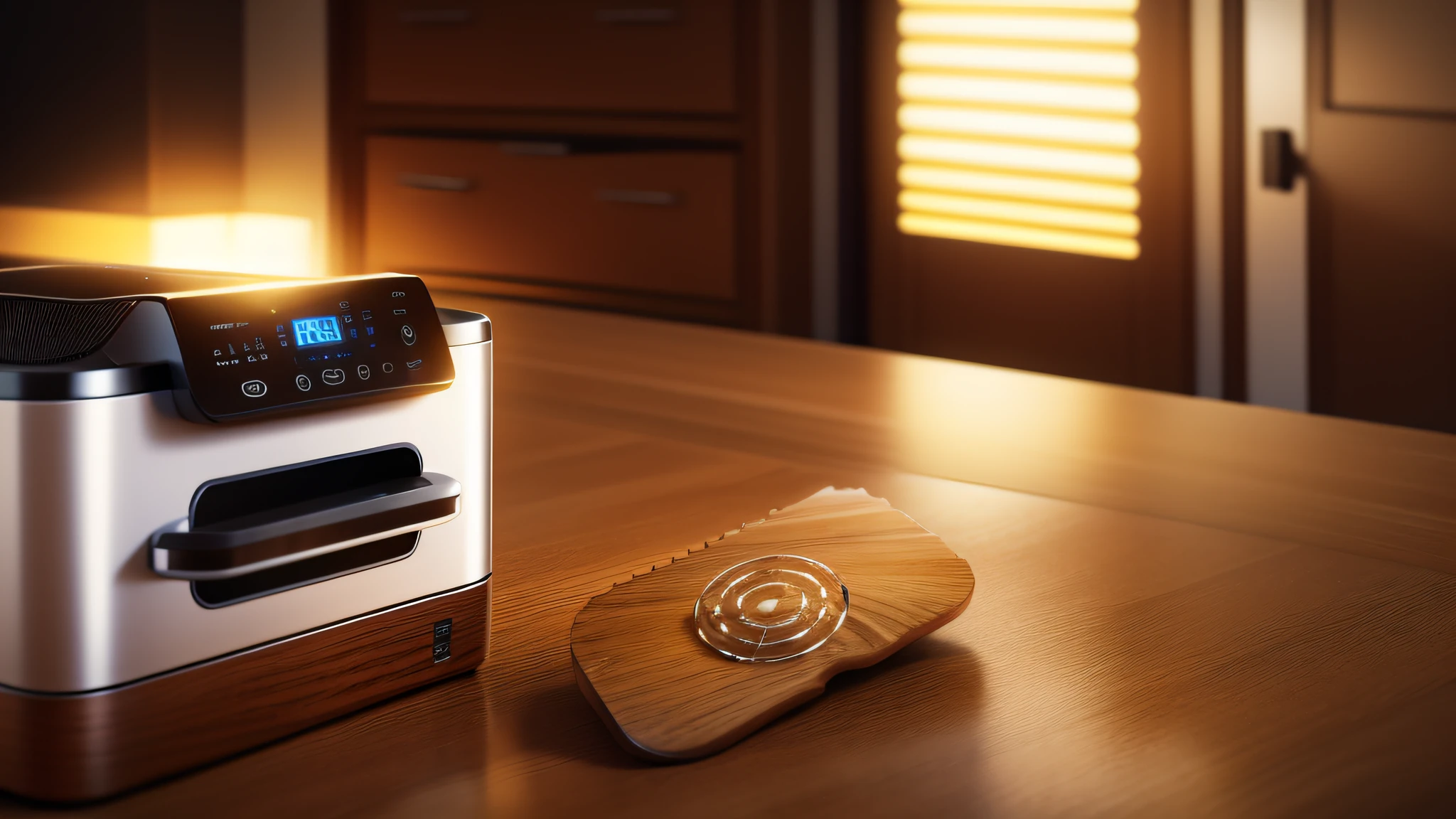 Air fryer placed on the table,There is a table,There were chairs and a bowl of fruit on it,Rectangular wooden table,tuba,wooden tables,dining table,dining table,Wooden table,High quality,wooden tables,elegant and refined,elegant furniture,line sleek,desks,white kitchen table,Chiaroscuro, hyper HD, 8K, Best picture quality ,realisticlying,Foto realism,cupboard,Lens perspective blur,Bright lights,Realistic lighting