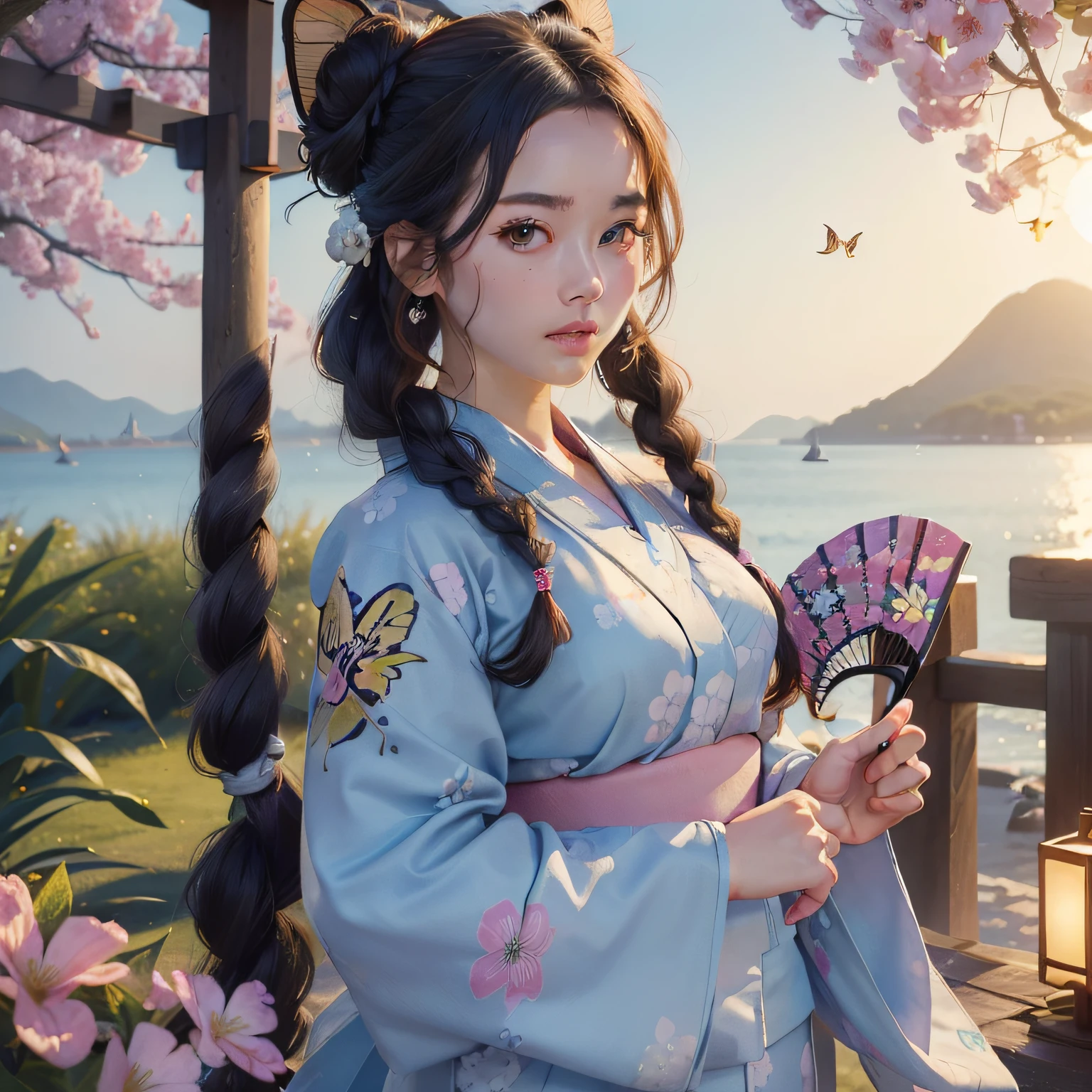 １girl with, ((​masterpiece、top-quality、ultra-definition、hight resolution))、4K picture quality、((Beautuful Women))、22year old、wetted skin、radiant eyes、perfect  eyes、(Beautiful Nordic sisters)、the beach,Background crowd、((Curly hair in braids、Bun１))、((facial close-up))、(((Wearing a bell sleeve yukata)))、((The pattern of the yukata is、They range from fancy floral patterns to swallowtail butterflies..))、((Use primary colors for yukata colors))、​masterpiece、top-quality、ultra-definition、hight resolution))、4K picture quality、(((Holding a fan or fan in your hand)))、