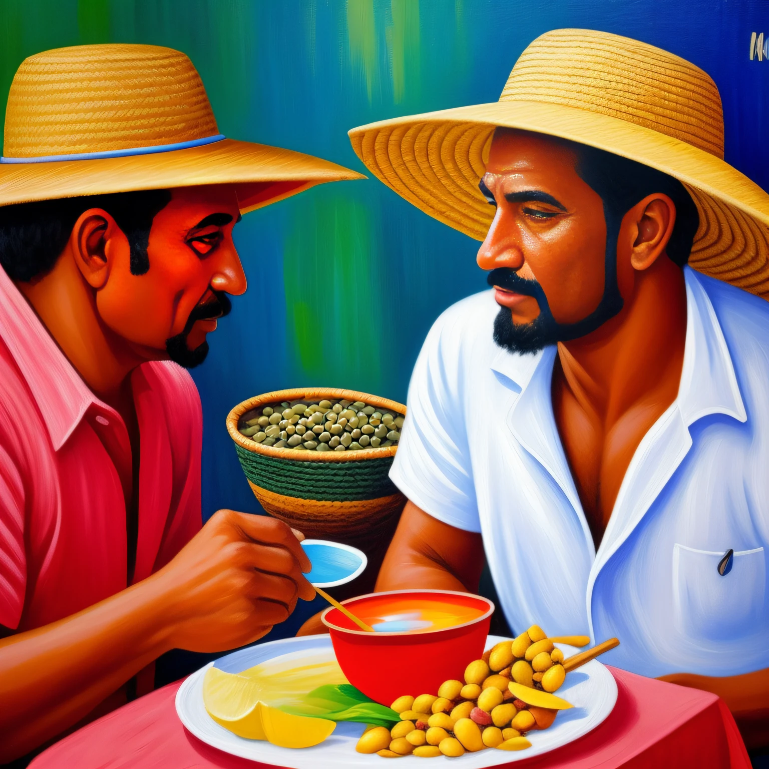 um mineiro de 35 anos, cor branca, wearing a straw hat and eating cowpeas in a typical Minas Gerais restaurant. Estilo de pintura: "impressionismo", com cores vibrantes bem definidas em 8K. Paint so that characters are easily recognizable and reveal the perfection of the characters' facial expressions.