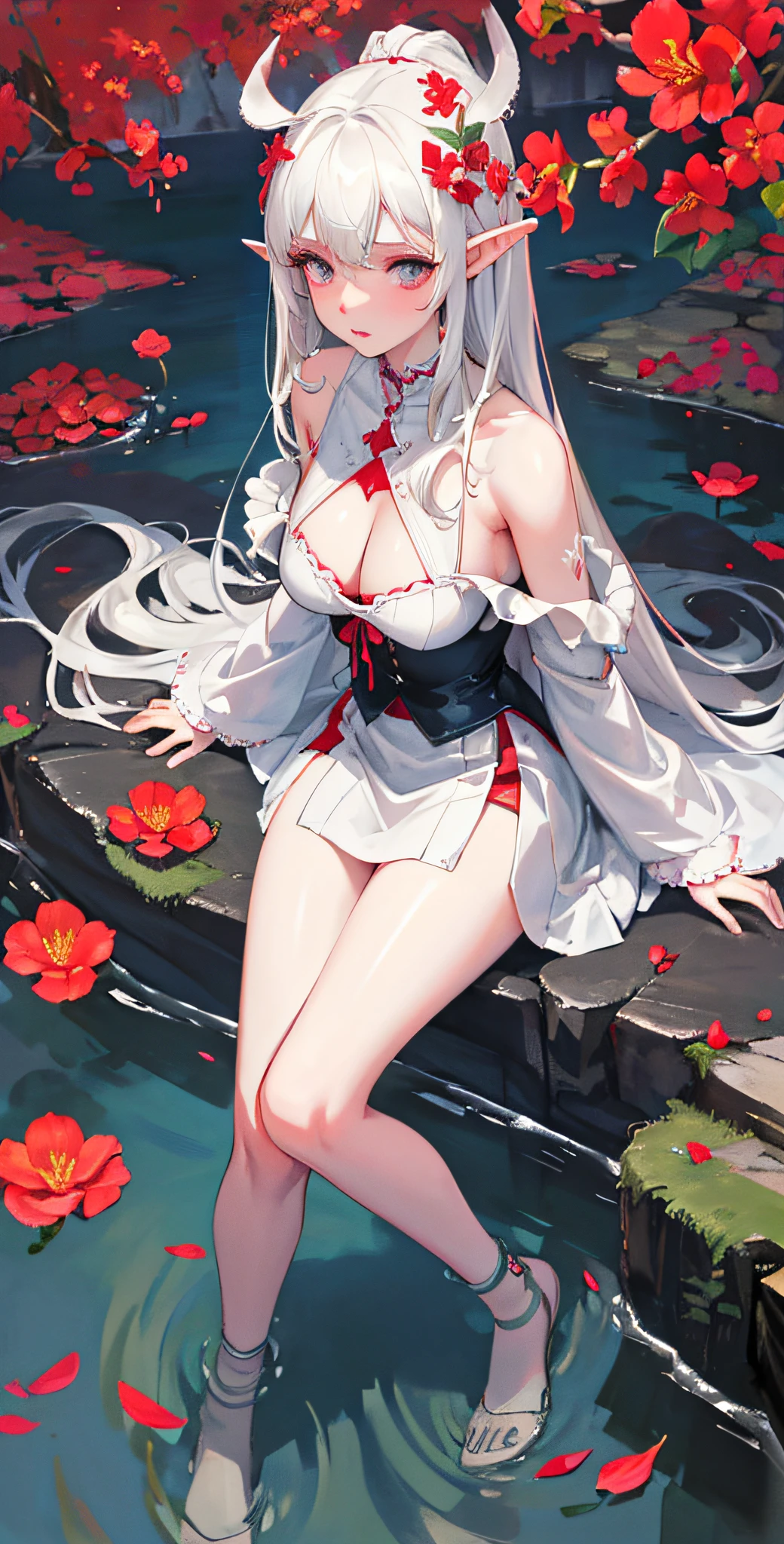 closeup cleavage,looking to the camera,a beauty girl,Stone garlic,amaryllis,(beuaty girl,Elf ears,Nice ta,is shy),Delicate facial features,Meticulous portrayal of the corners of the eye,Bust photo,Moisturized lips,Sad eyes,long white hair,Smooth and delicate skin,((Red clothes)),red long skirt,Bare thighs,brilliant colorful,Fantasyart,mysticism,dreamy scenes,dream magical,Fantastic lights,seductiv,psychedelia,Misty halo,(((nigth))),((the night)),riverbank,Flowers bloom on the other side,dream magical,Tiny red petals flying,Reddish fluorescent petals,Fluorescent flowers,Fluorescent running water,stood in the water,shallow water,Works of masters,extreme hight detail,Dissection is correct,Correct limbs,acurate,hud,k hd,exquisitedetails,8K,Red