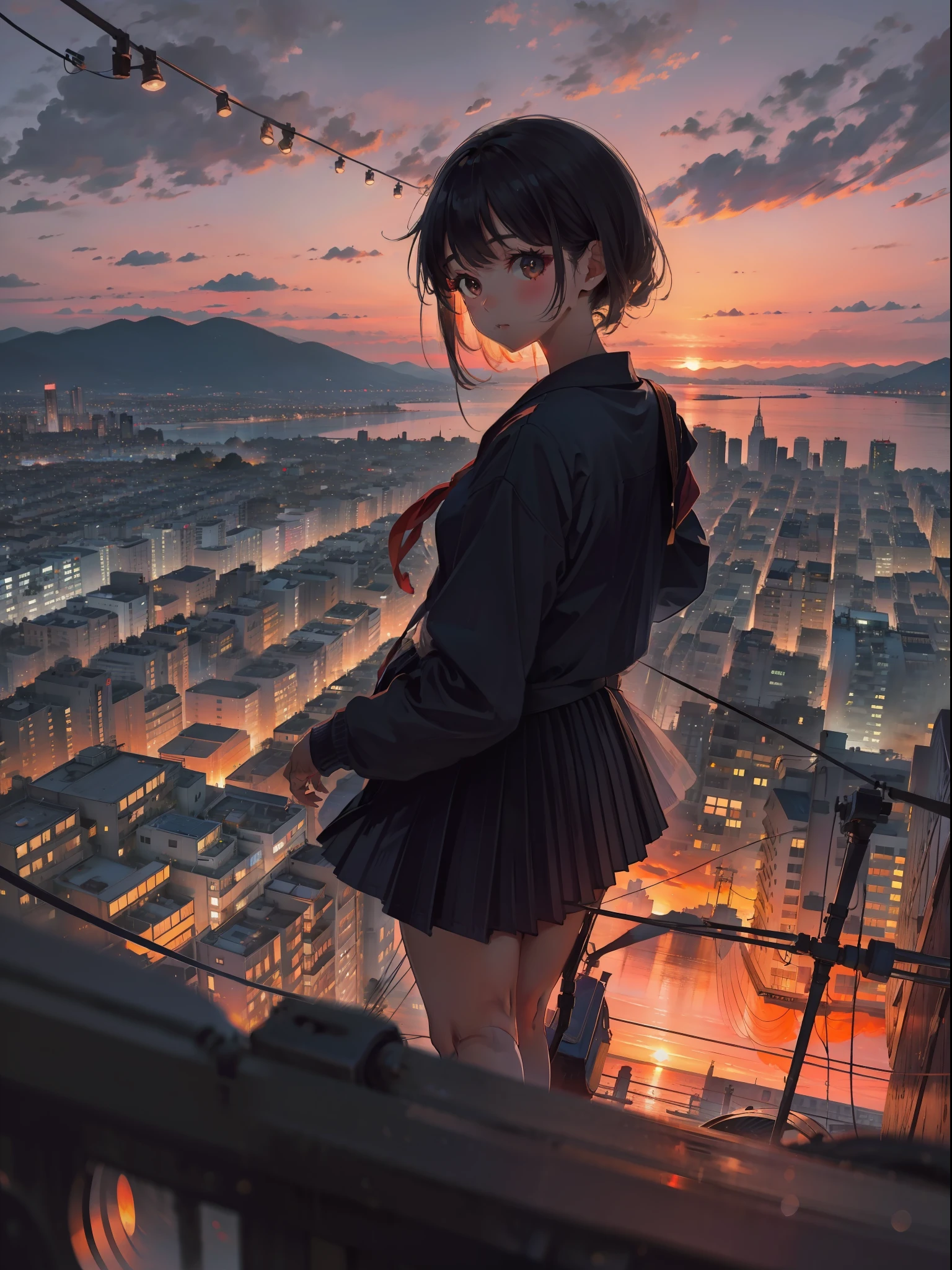 1girl，Girl in sailor suit looking ahead，behind，view over city，cinematric light，the sunset，城市。